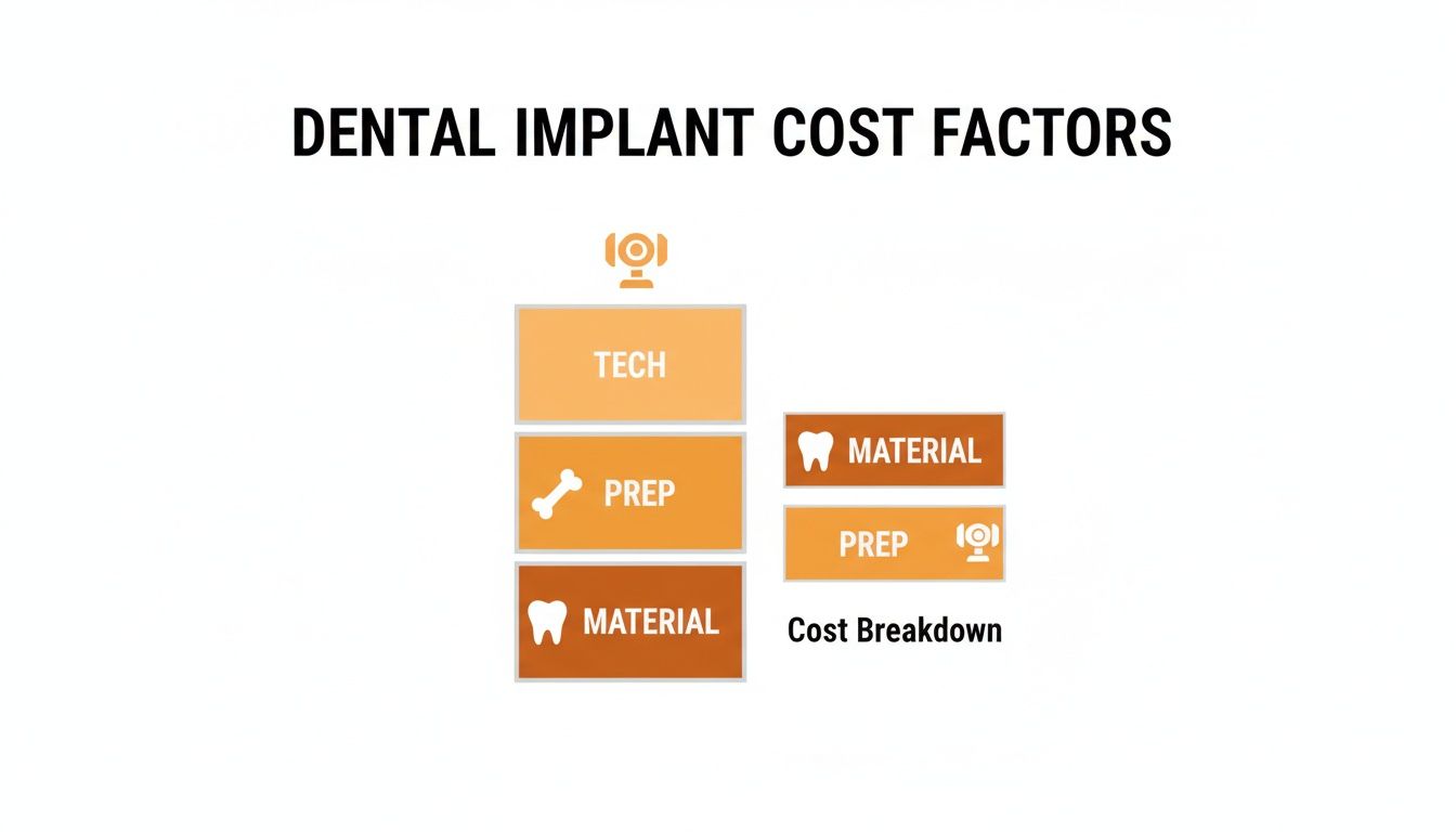 An infographic illustrating dental implant cost factors, detailing elements like tech, prep, and material.