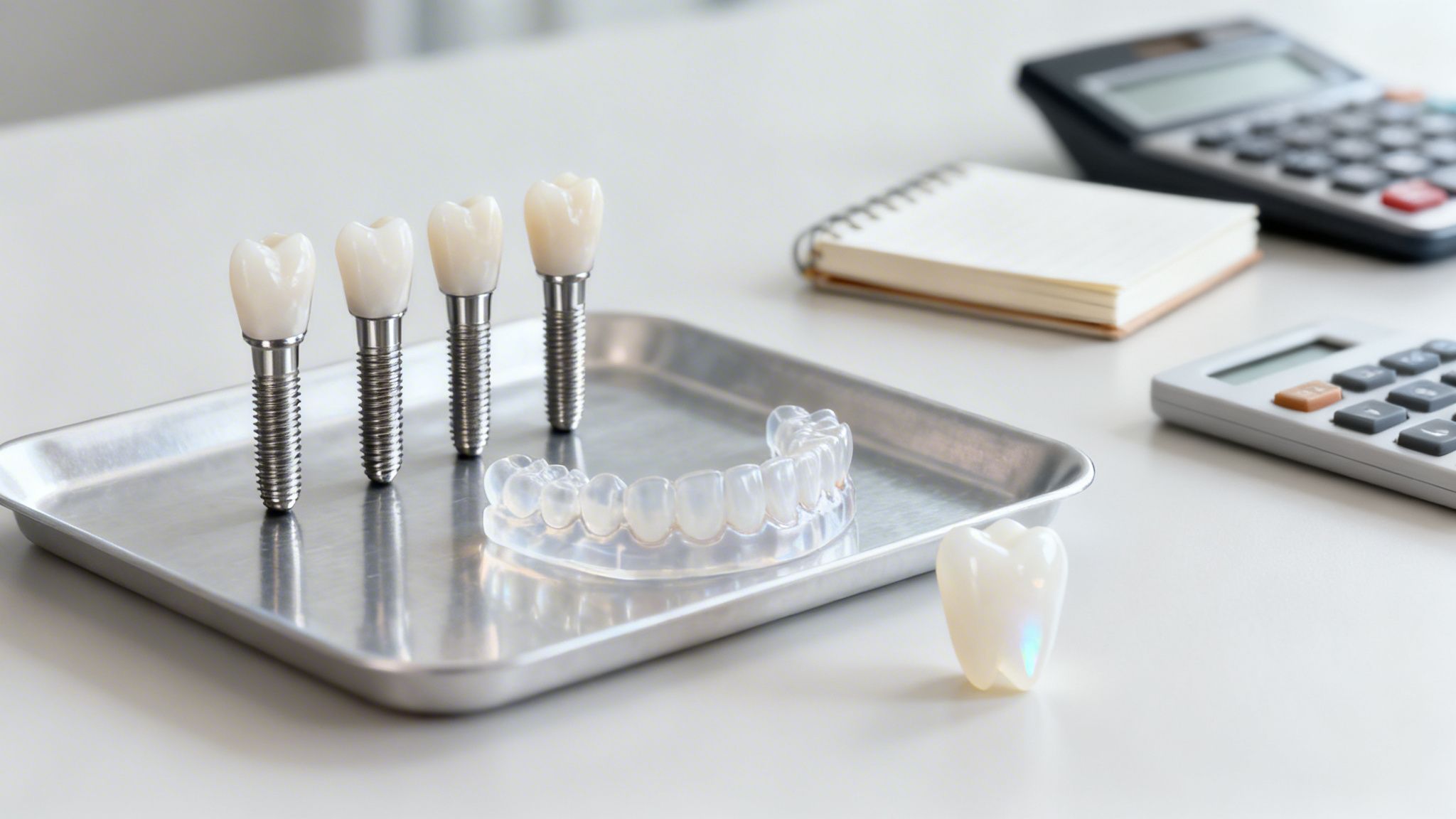 Dental implants, an invisible aligner, and a tooth model on a tray with calculators.