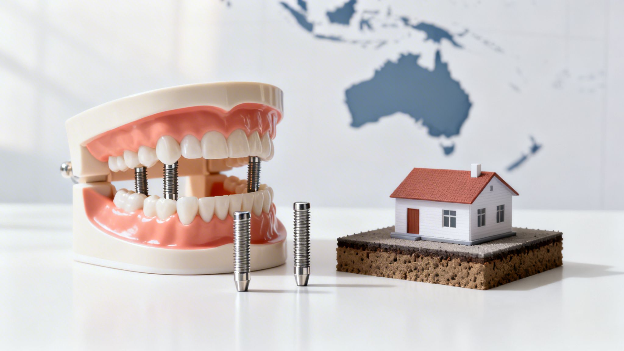 A dental model shows implants alongside loose screws and a miniature house with a map background.