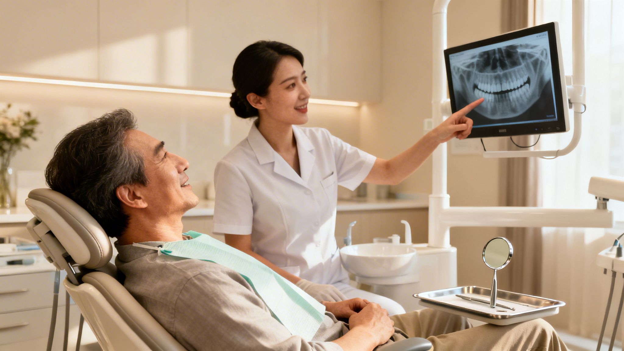 Dentist explains dental X-ray to a smiling male patient in a modern clinic.