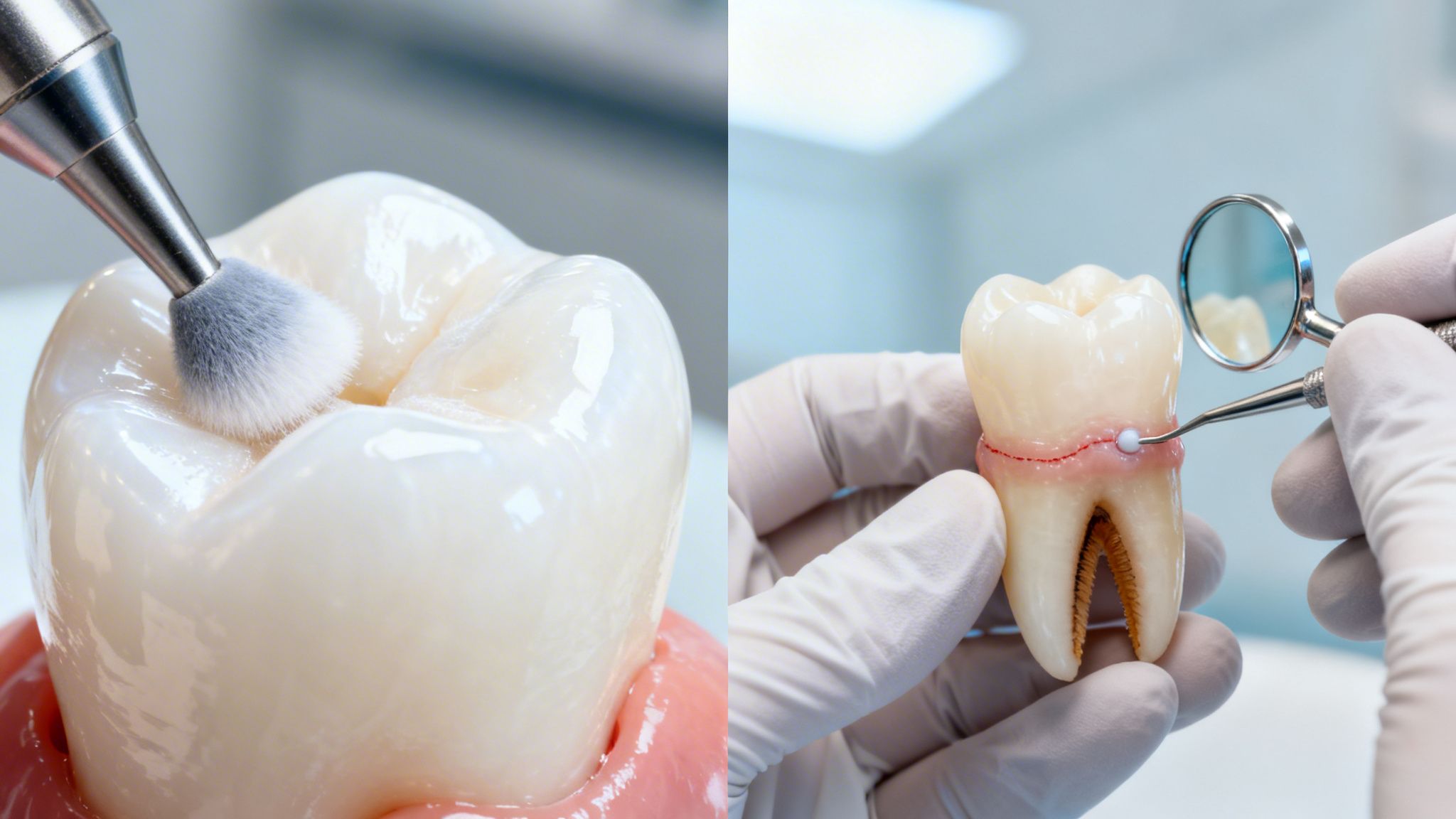 Close-up of dental models: one being polished with a brush, another examined with a mirror.