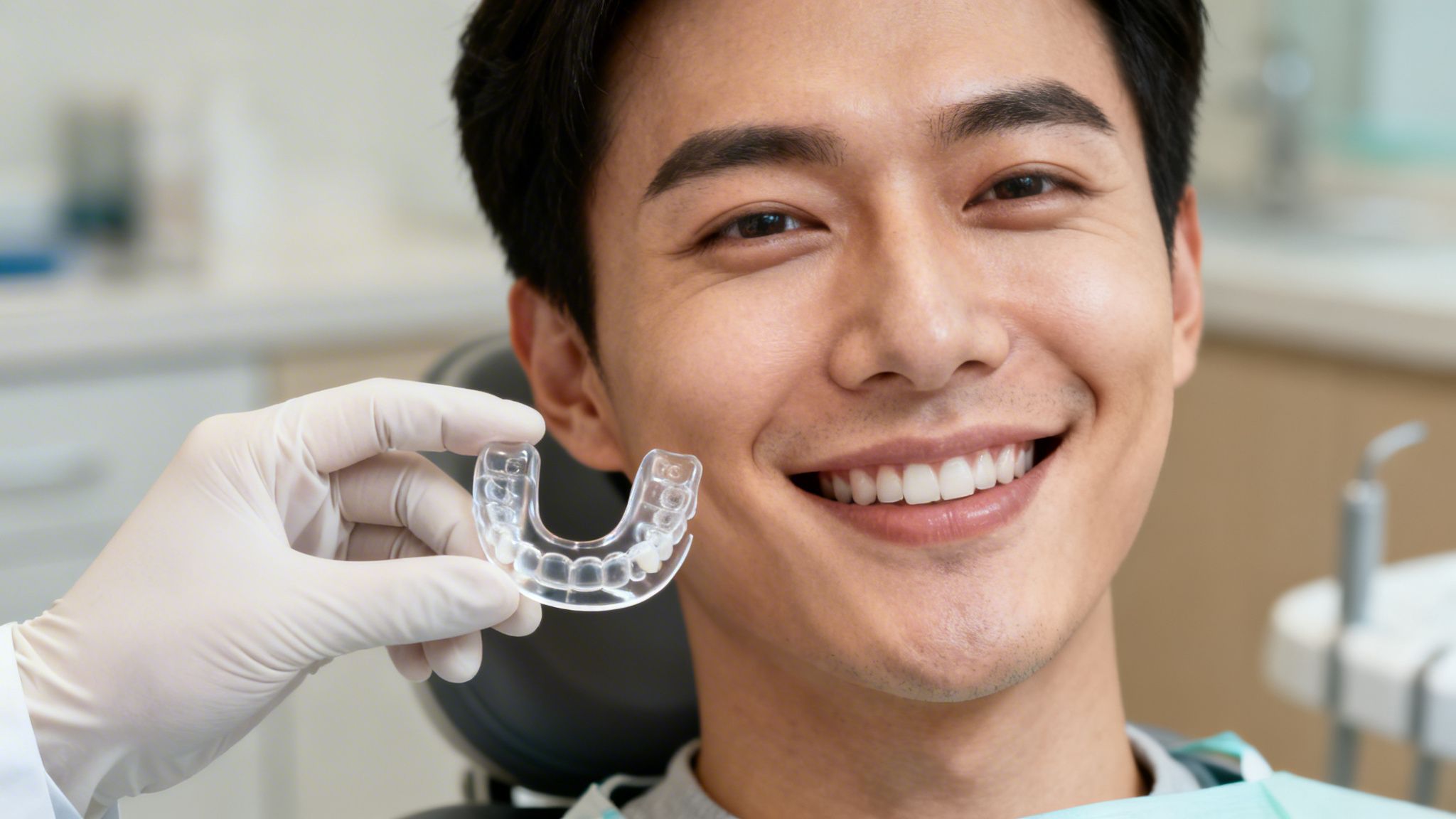 Smiling Asian man at dentist, gloved hand holding a clear dental aligner next to his mouth.