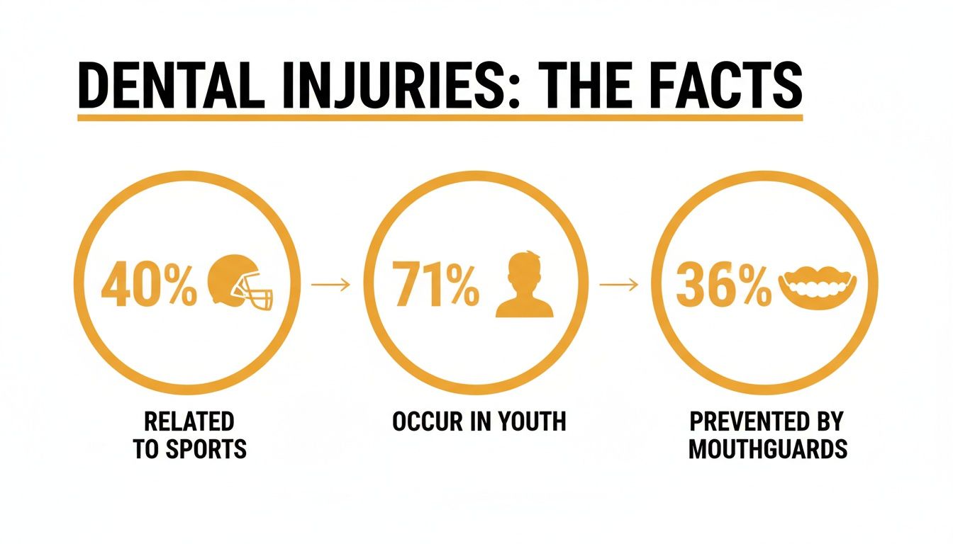 Infographic displaying dental injury facts: 40% sports-related, 71% in youth, 36% preventable by mouthguards.