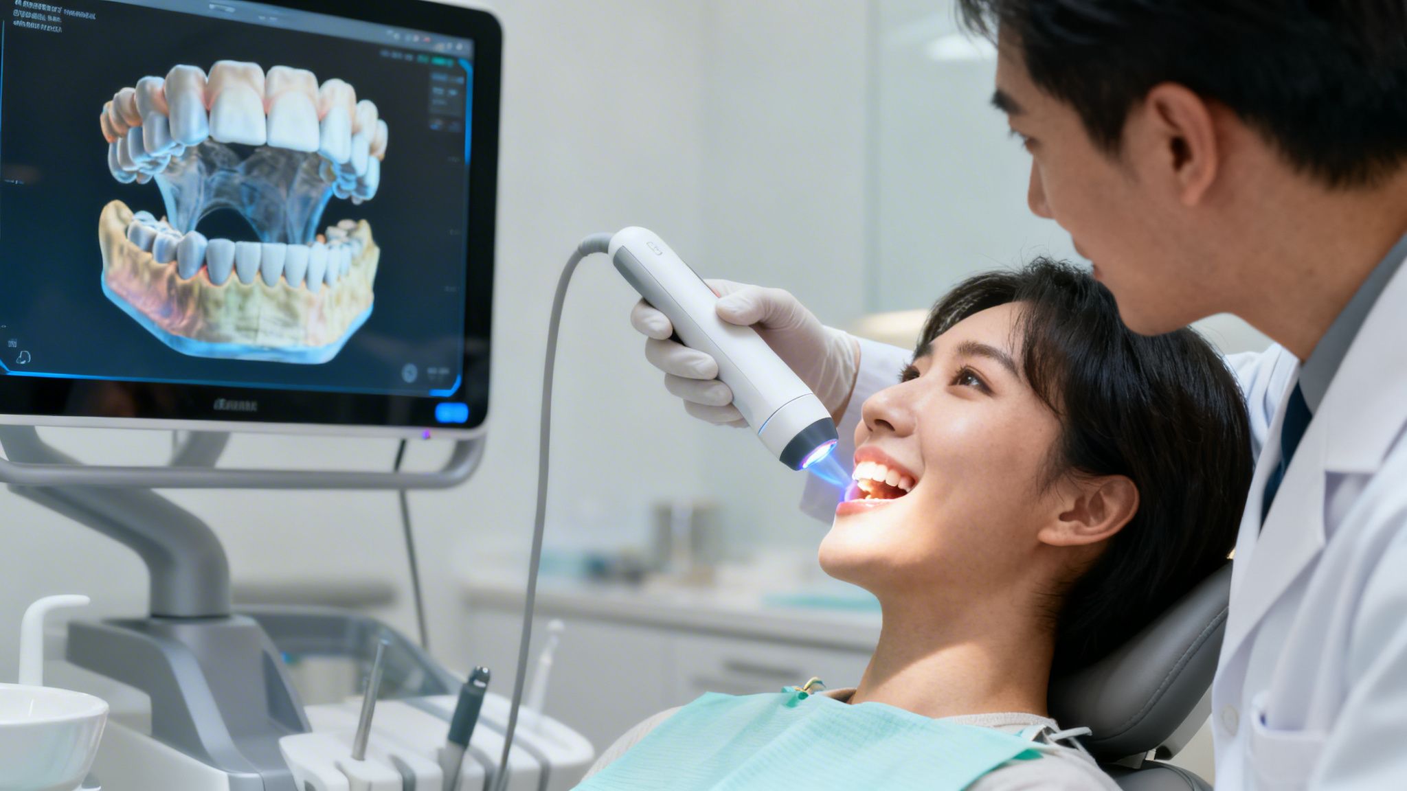 A dentist uses an intraoral scanner on a smiling patient while a 3D dental model is displayed.