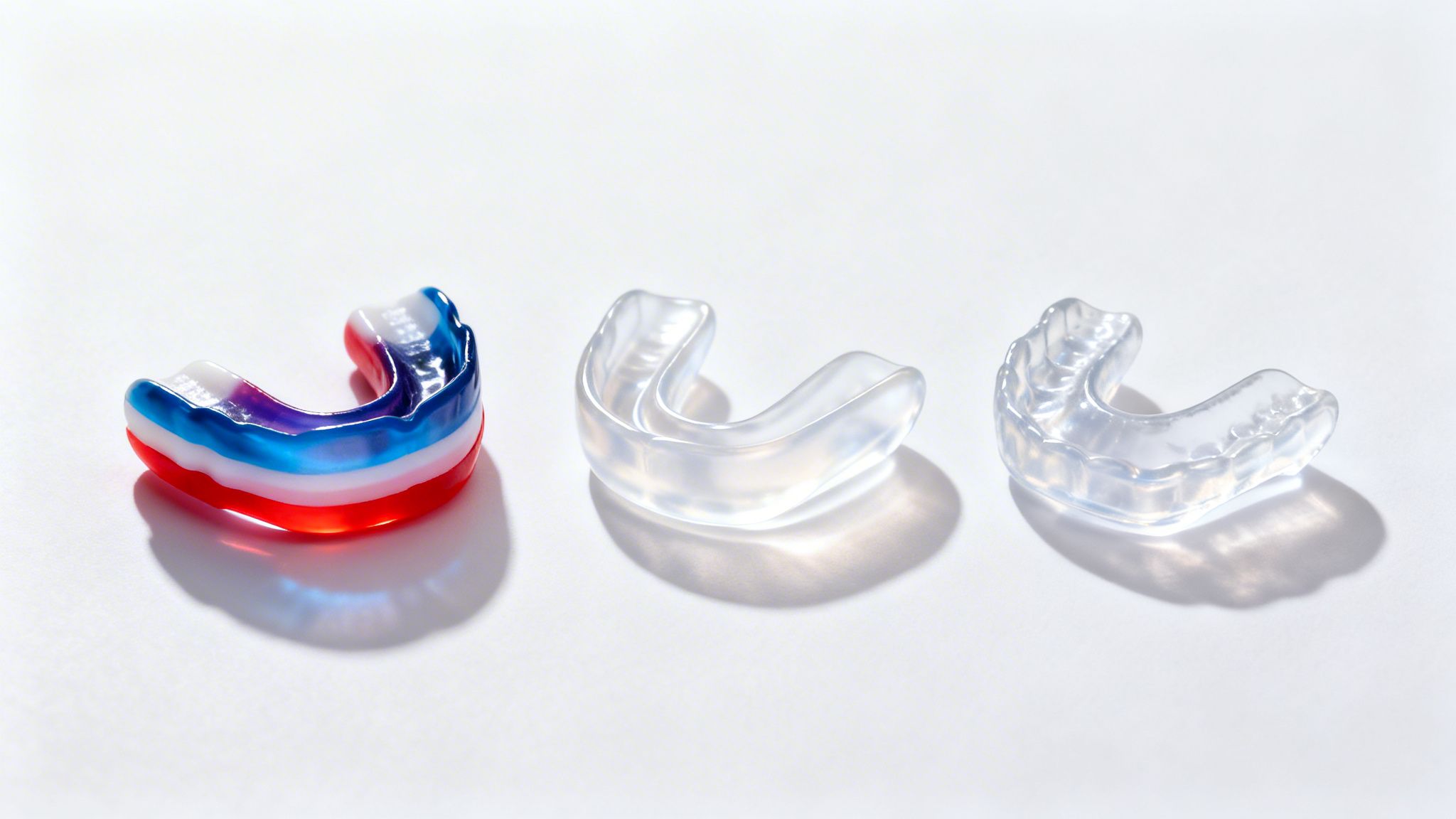 Three different mouthguards, including a colorful one and two clear ones, against a white background.
