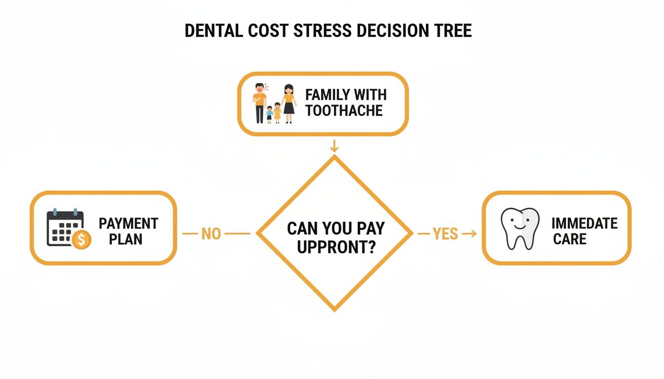 Decision tree for dental cost stress, guiding families with toothache to immediate care or payment plans.
