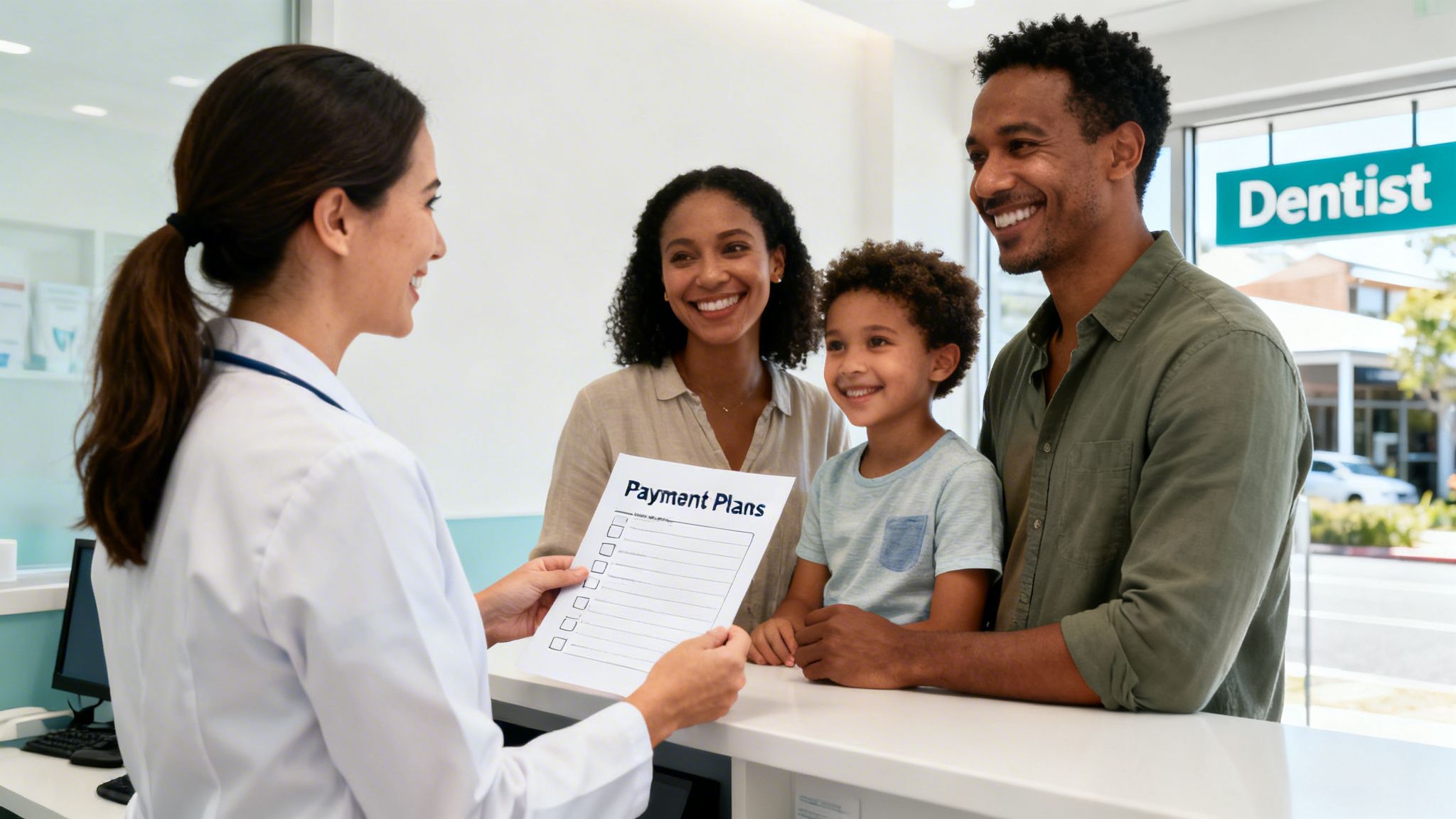 A dental professional discusses payment plans with a smiling diverse family at a dentist's office.