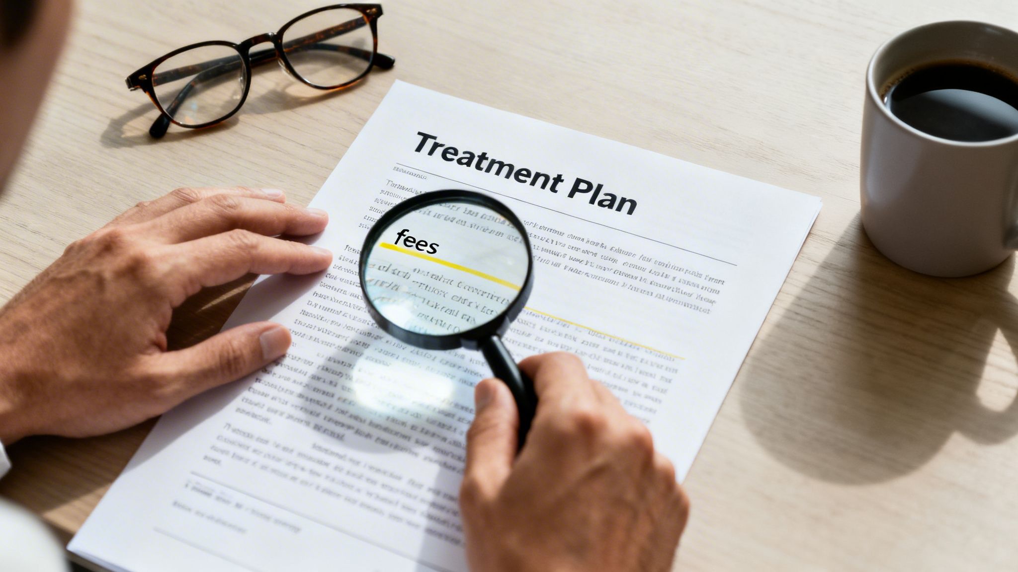 A person's hands use a magnifying glass to inspect 'fees' on a 'Treatment Plan' document.