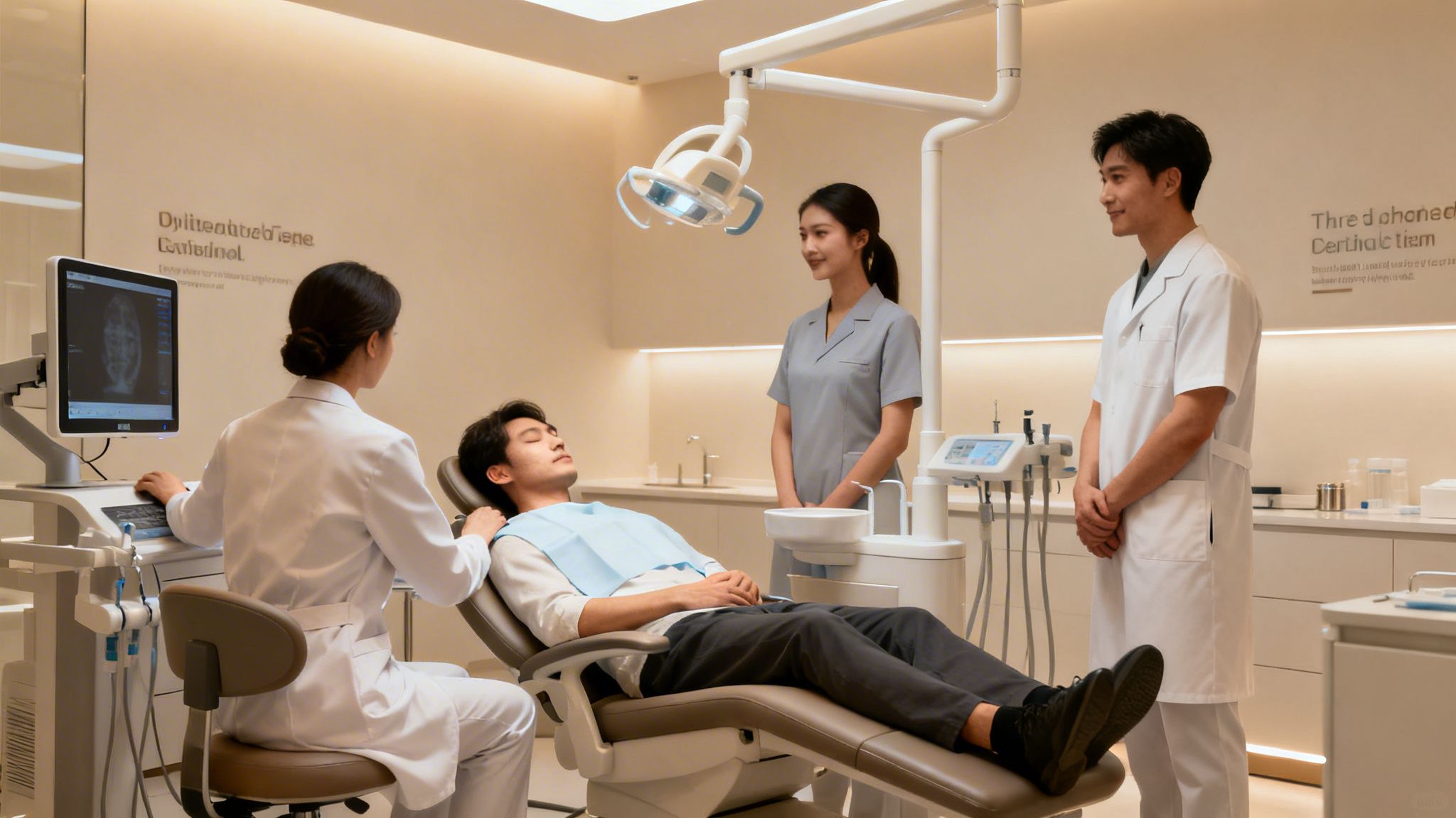 A dental team examines a male patient in a modern clinic, viewing X-rays on a screen.
