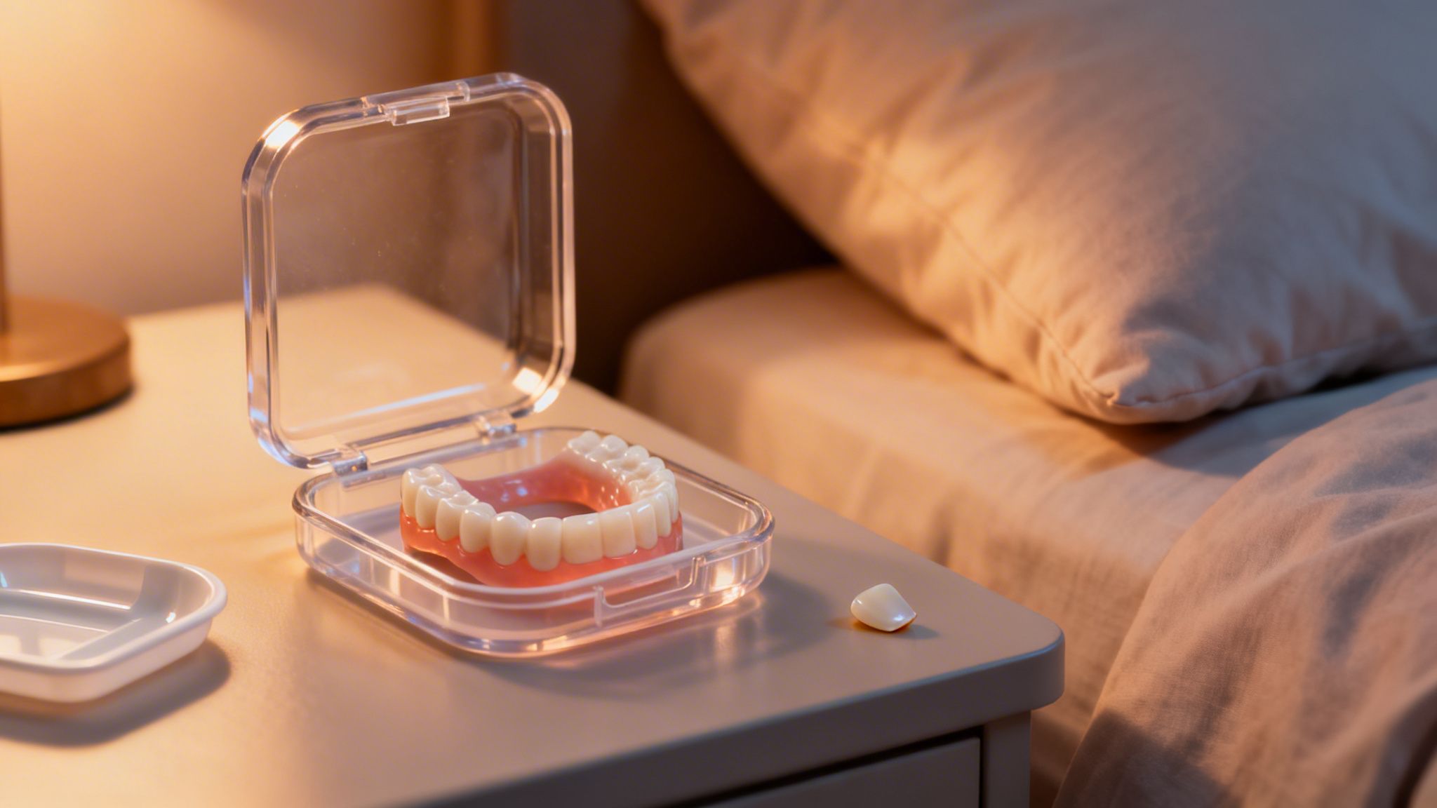 Full dentures in a clear case and a single tooth on a bedside table next to a bed.