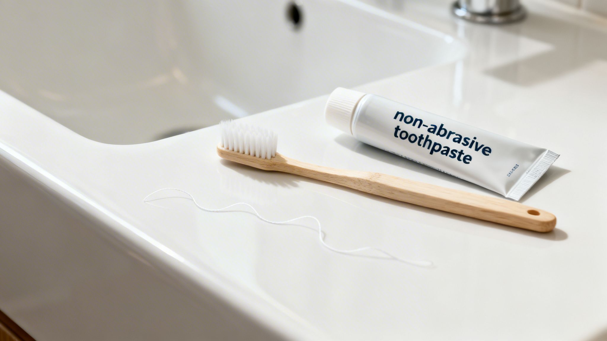A bamboo toothbrush, non-abrasive toothpaste, and dental floss on a white bathroom sink counter.