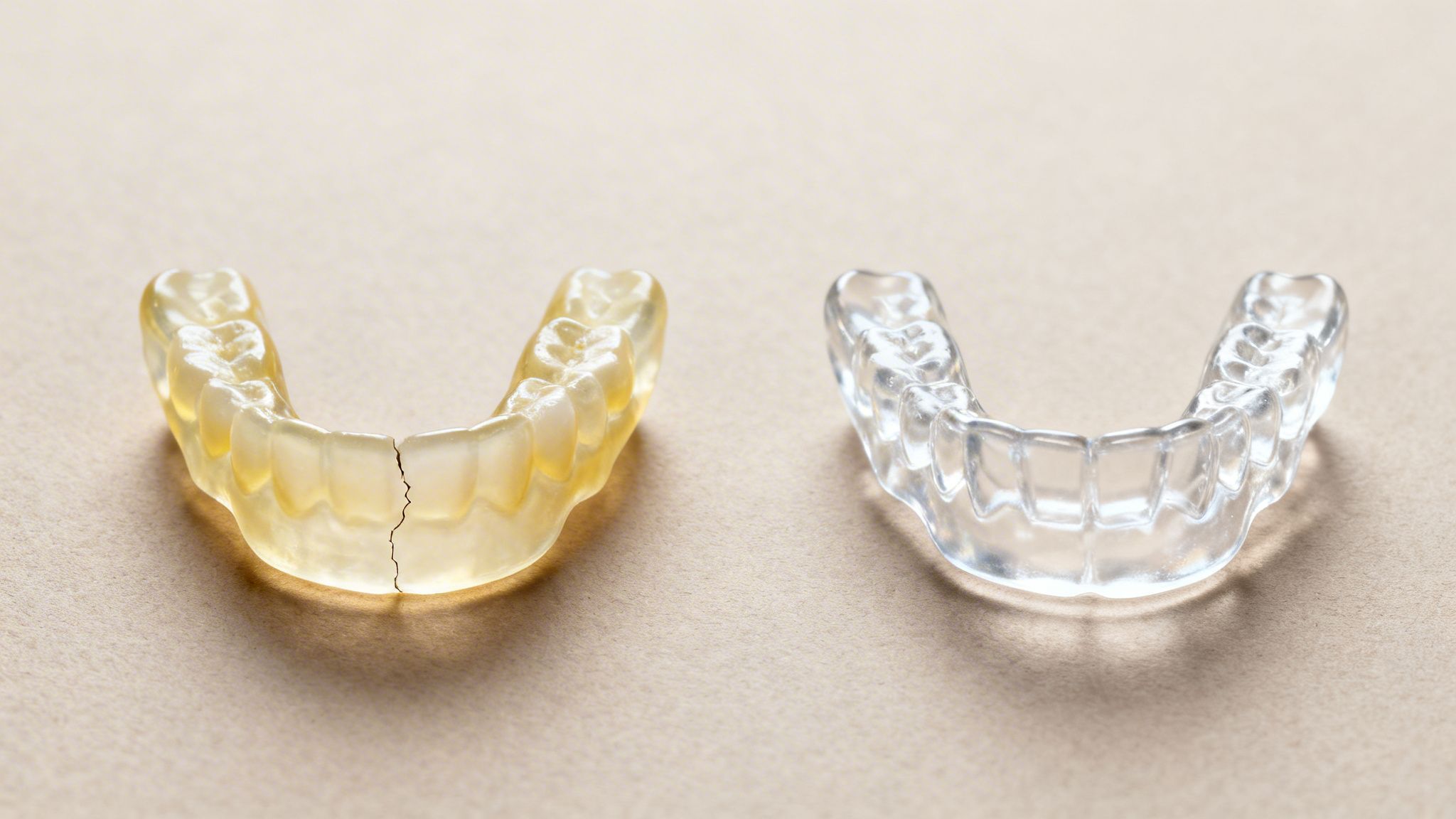 Two dental aligners on a beige surface, one yellowed and cracked, the other clear and new.