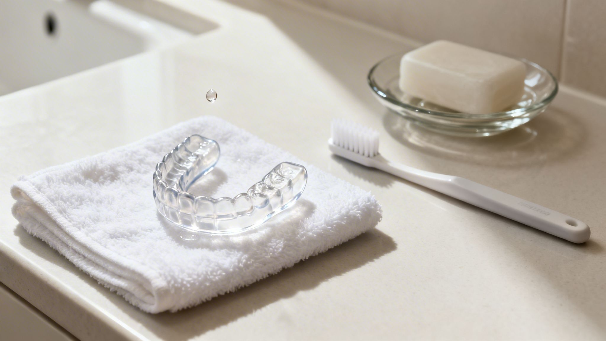 Clear mouth splint on a white towel with a toothbrush, soap, and water droplet.