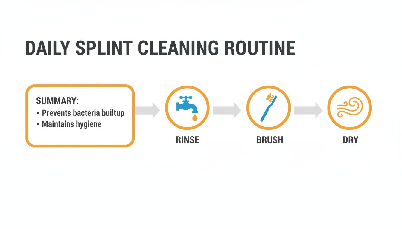 Infographic showing a daily splint cleaning routine with steps: rinse, brush, dry, and hygiene benefits.