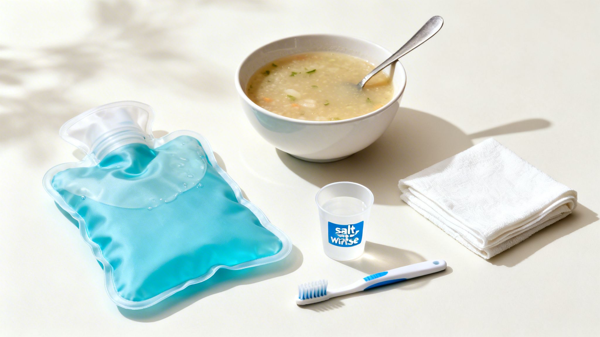 Recovery essentials including a hot pack, bowl of soup, salt rinse, toothbrush, and clean towel.