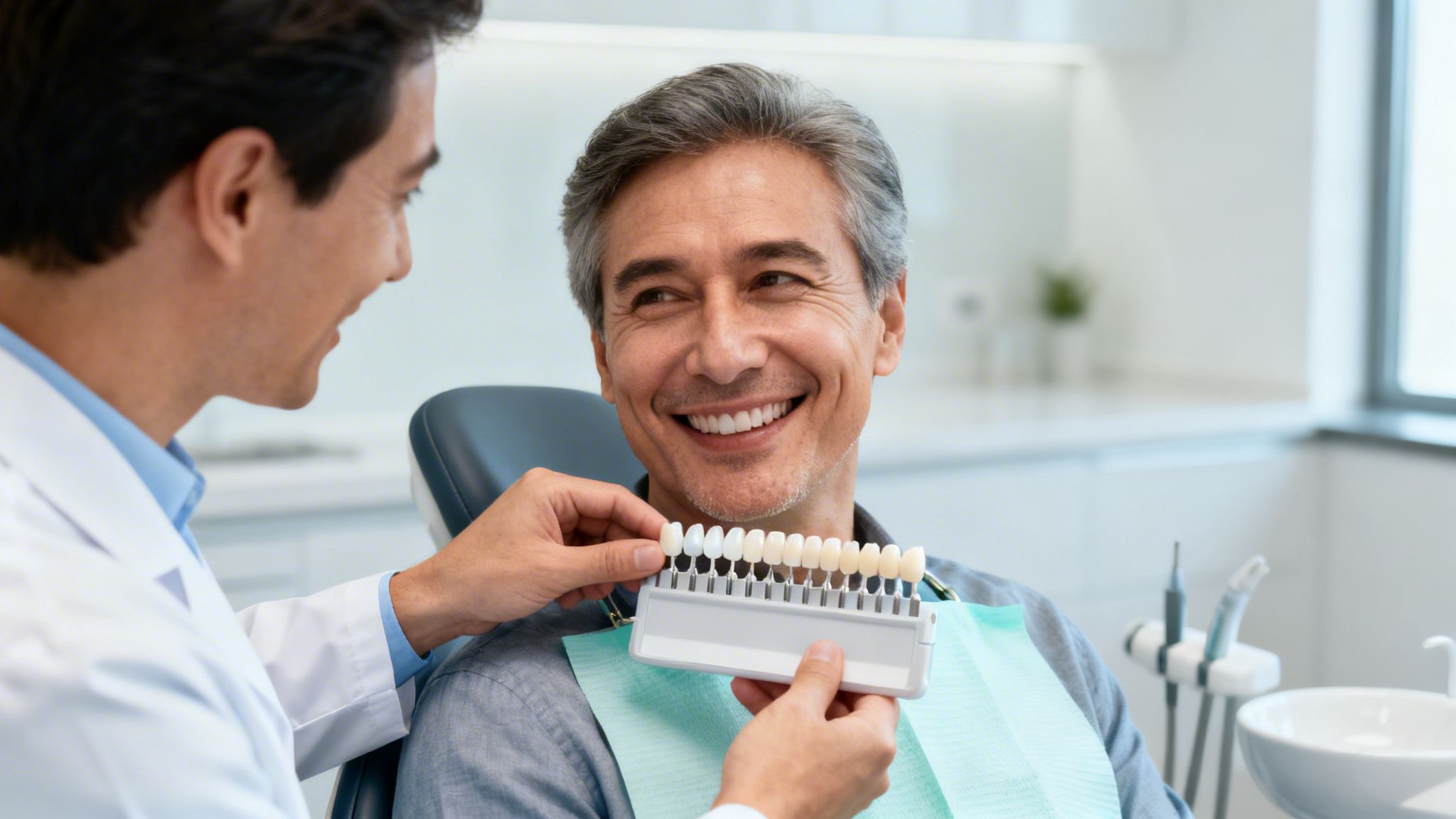 Dentist showing a tooth shade guide to a smiling male patient in a dental office.