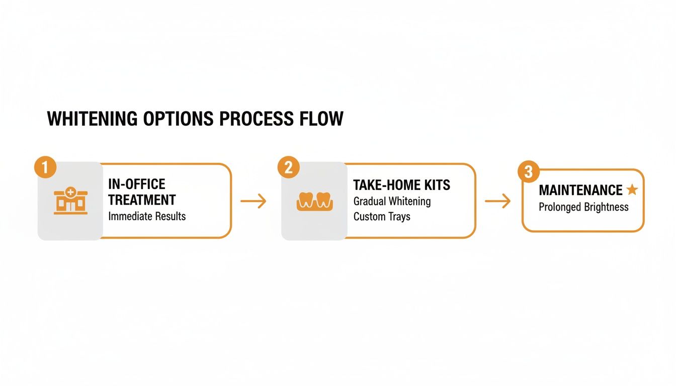 A process flow chart outlining three professional teeth whitening options: in-office treatment, take-home kits, and maintenance.