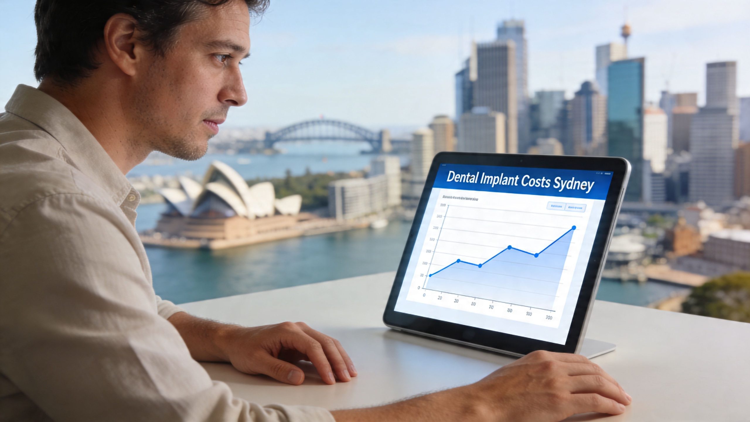 A man looking at a digital tablet displaying a rising chart of dental implant costs in Sydney.
