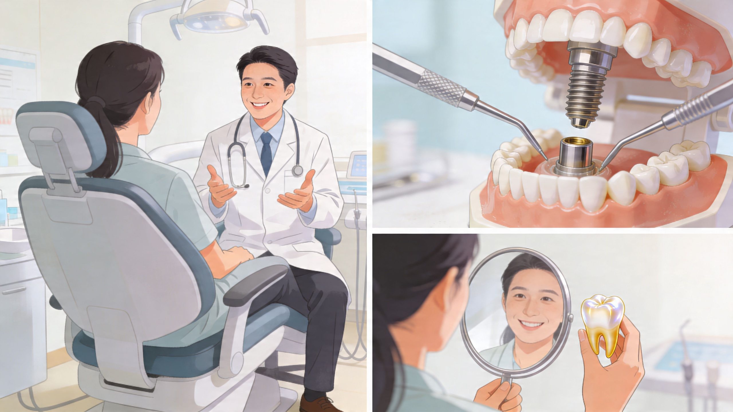 A dentist explaining the dental implant procedure to a patient in a modern dental clinic setting.