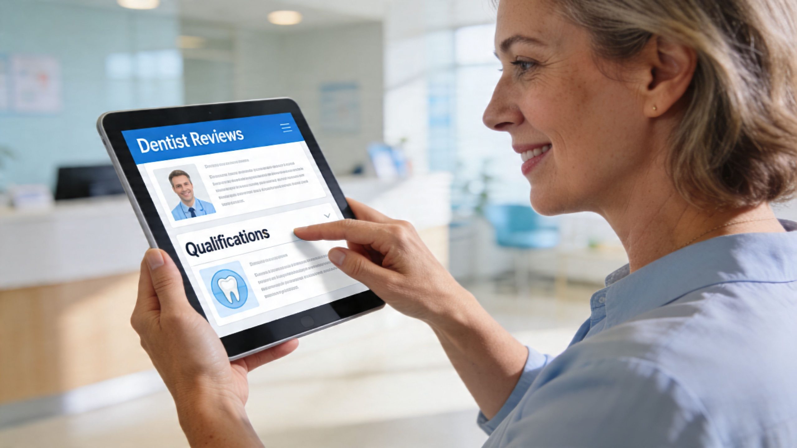 A mature woman using a tablet computer to review dentist qualifications in a professional office setting.