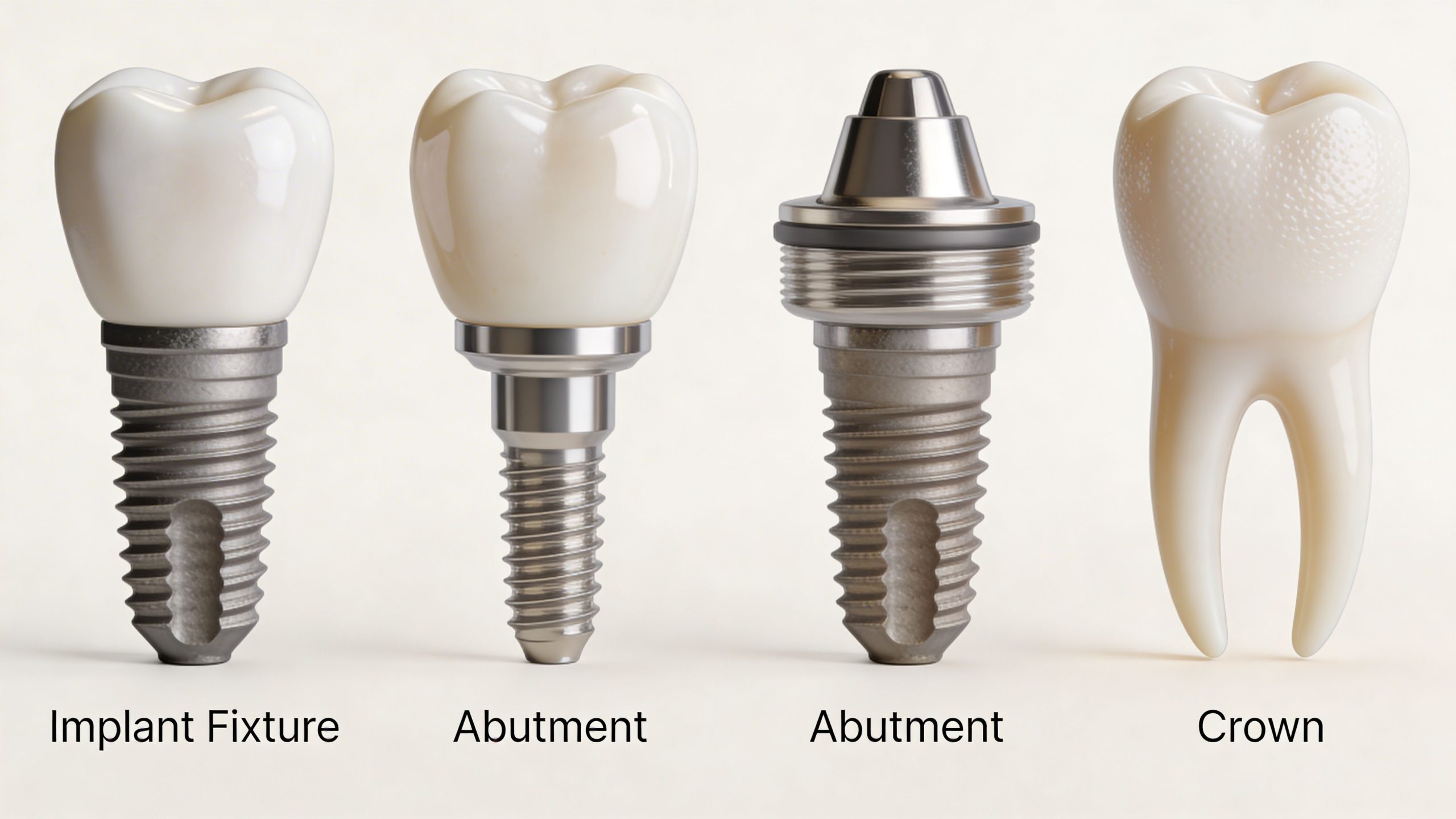 A diagram illustrating the components of a dental implant, including the fixture, abutment, and crown.