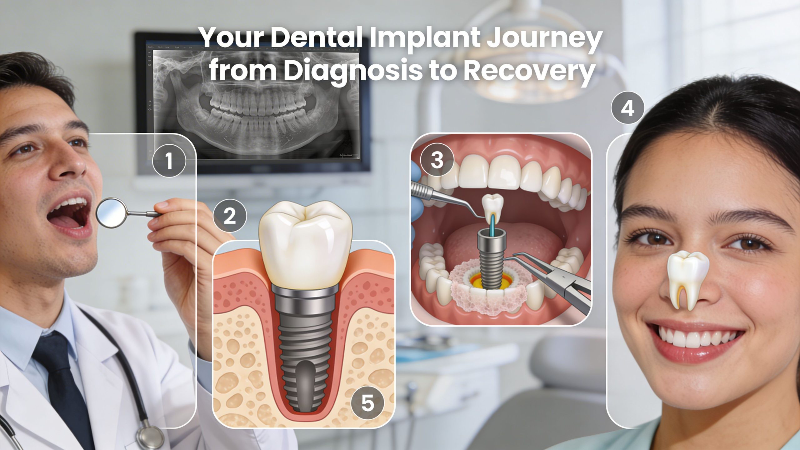 A professional infographic illustrating the five-step process of a dental implant journey, from initial diagnosis to final recovery.