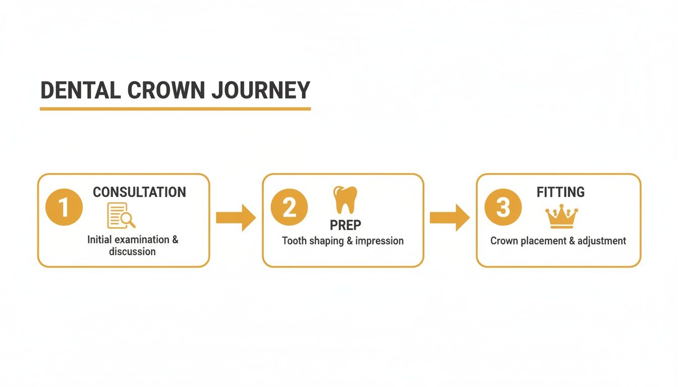 Three-step infographic detailing the dental crown journey from initial consultation to final fitting.