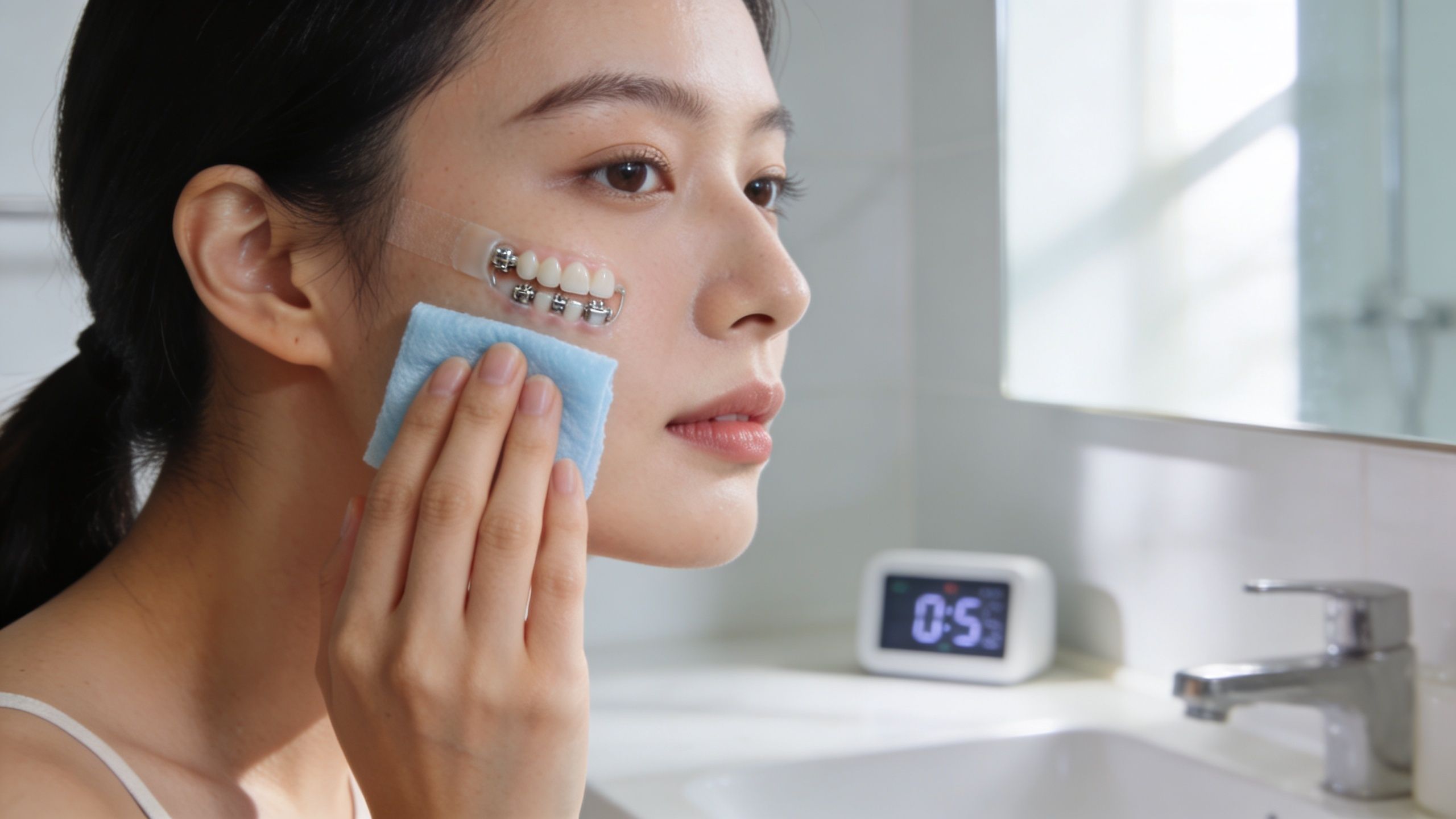 A woman applying skincare with a pad while showing a fake set of teeth taped to her cheek