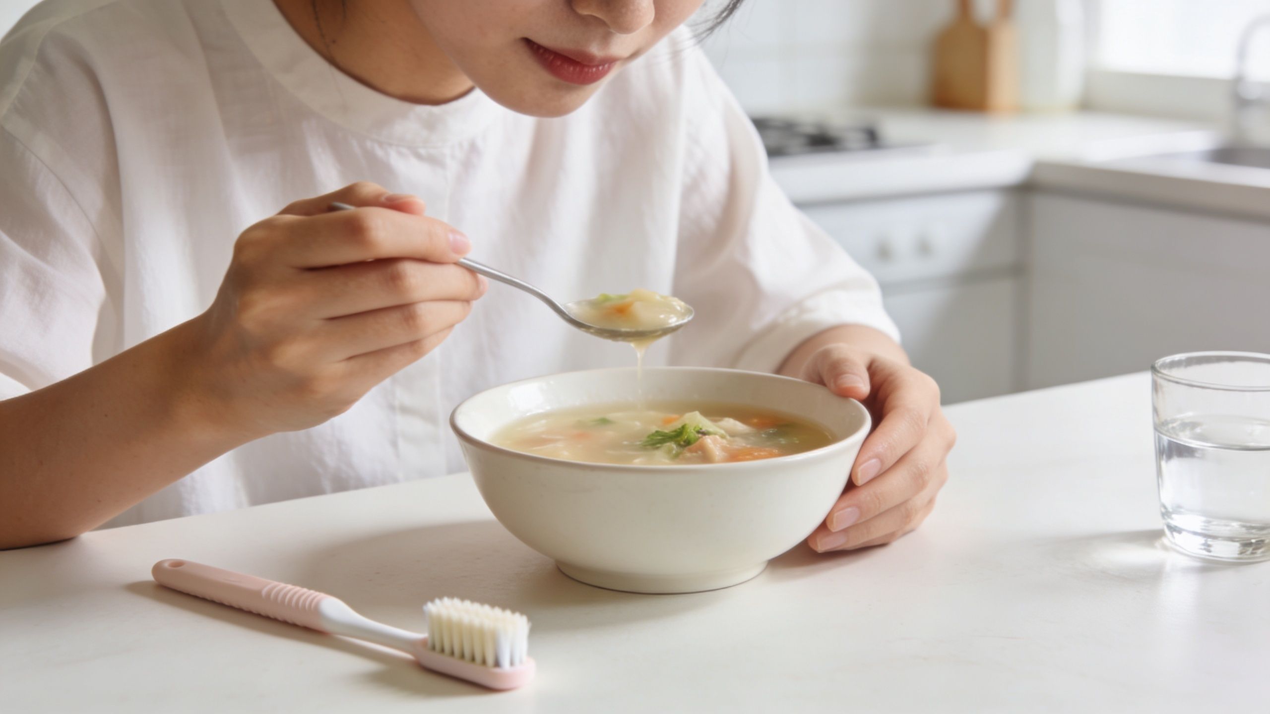 A woman eating a healthy bowl of soup at a table next to a toothbrush.