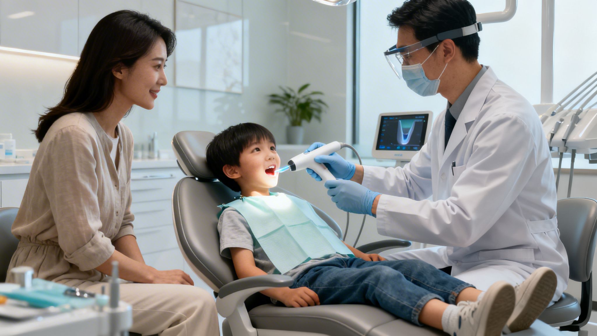 A male dentist examines a happy young boy's teeth with a blue light tool, while his mother watches.