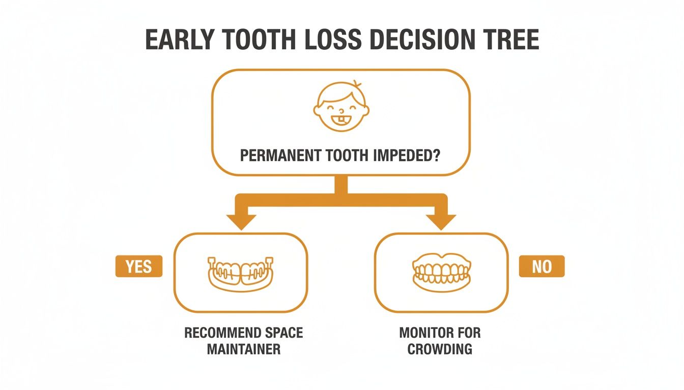 Decision tree illustrating early tooth loss management: recommend space maintainer or monitor for crowding.