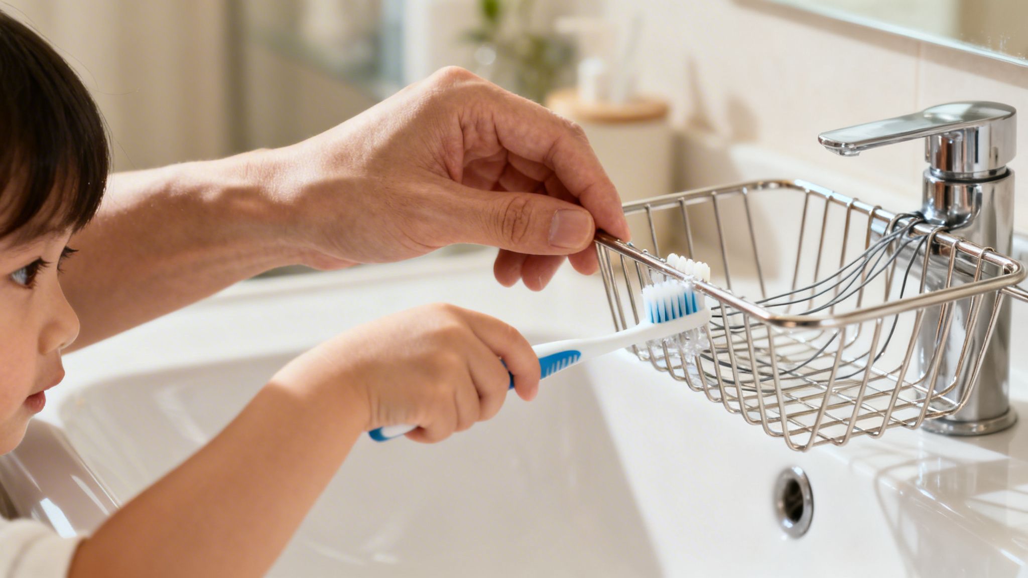 A young child holding a toothbrush while an adult assists with dental care at the bathroom sink.