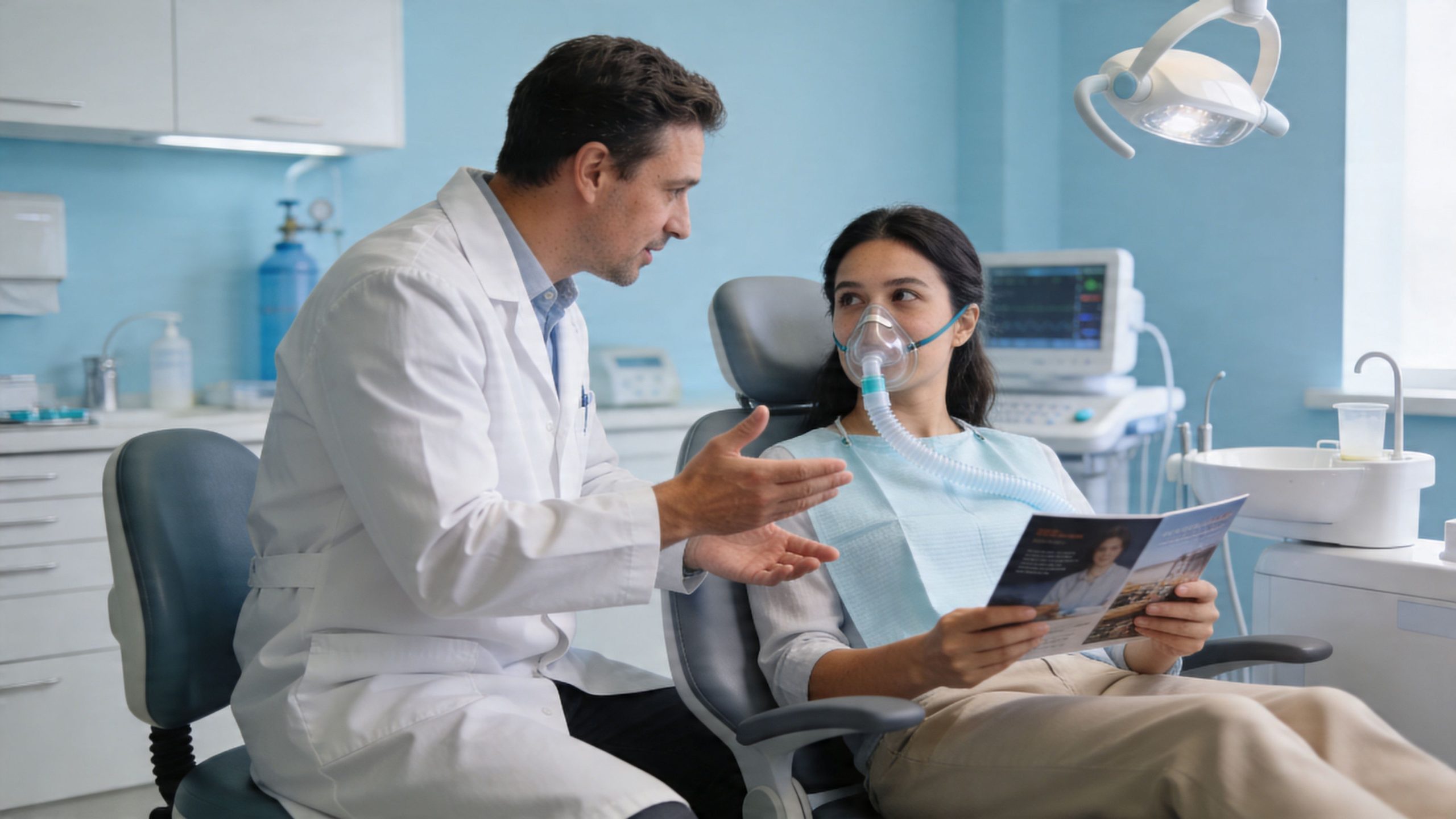 A dentist wearing a white coat discusses a medical brochure with a patient wearing a nitrous oxide mask.