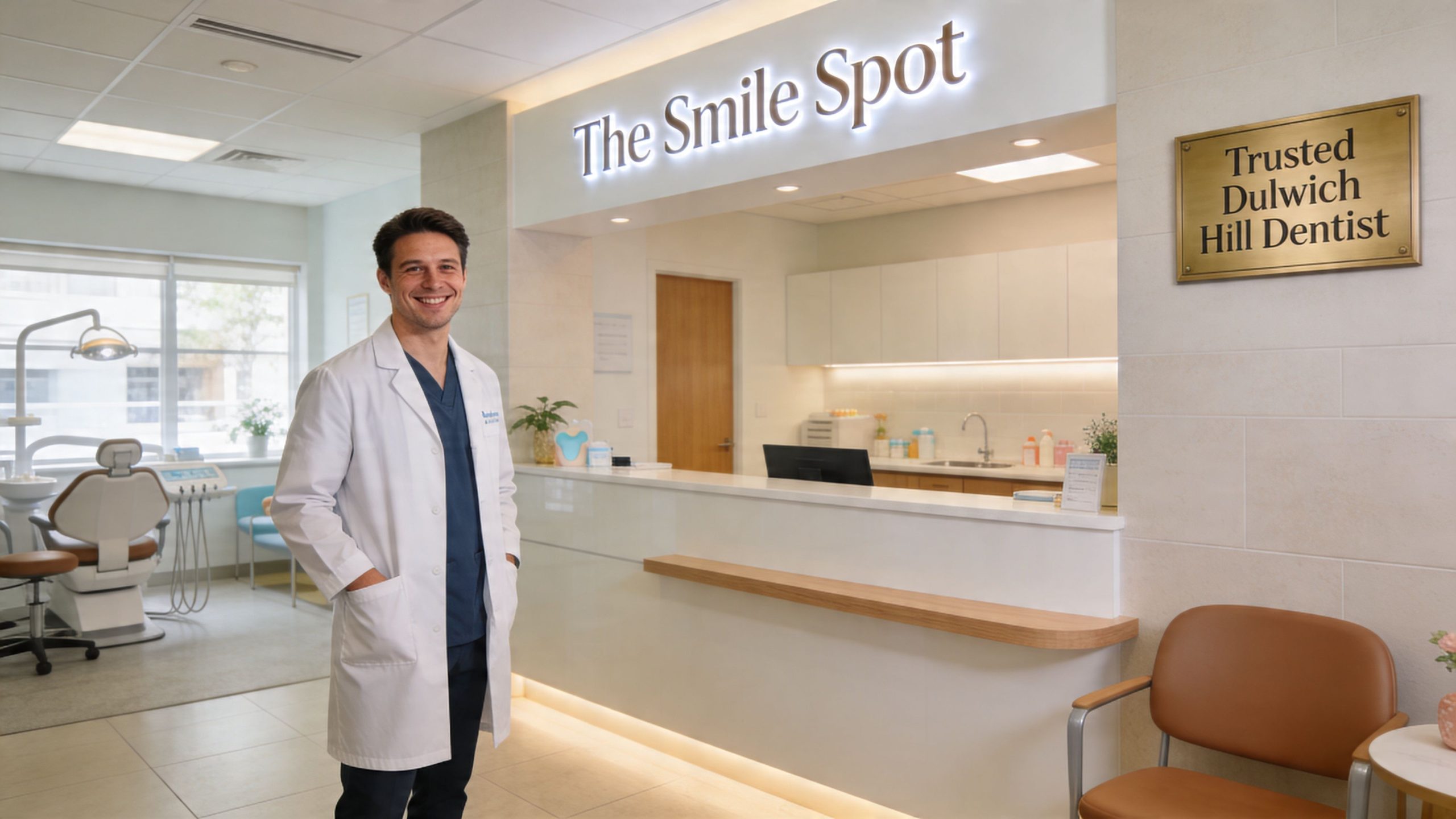 A friendly male dentist wearing a white coat standing in a bright and modern dental office reception.