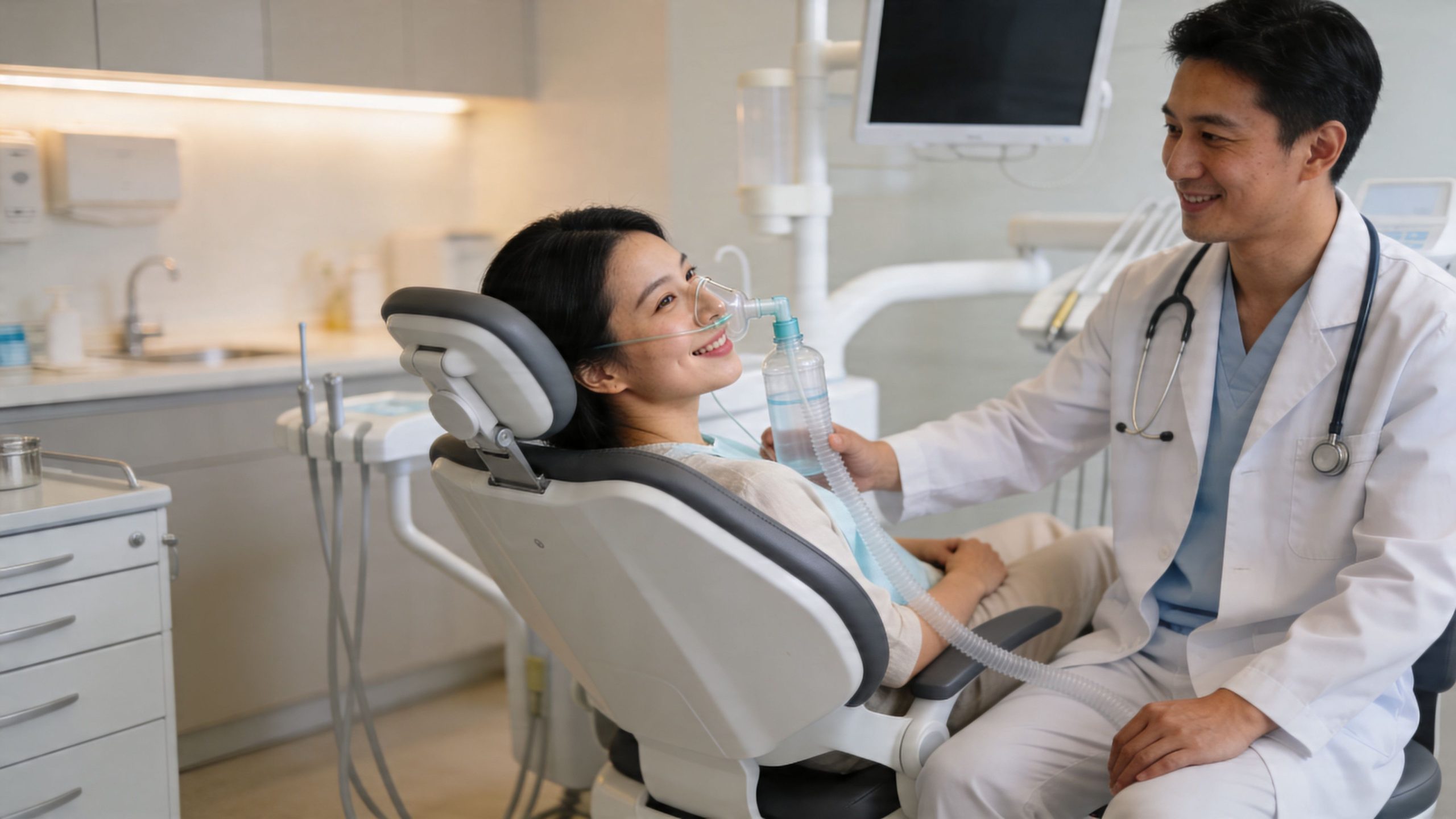 A friendly male dentist smiles at his patient who is breathing from a nitrous oxide sedation mask.