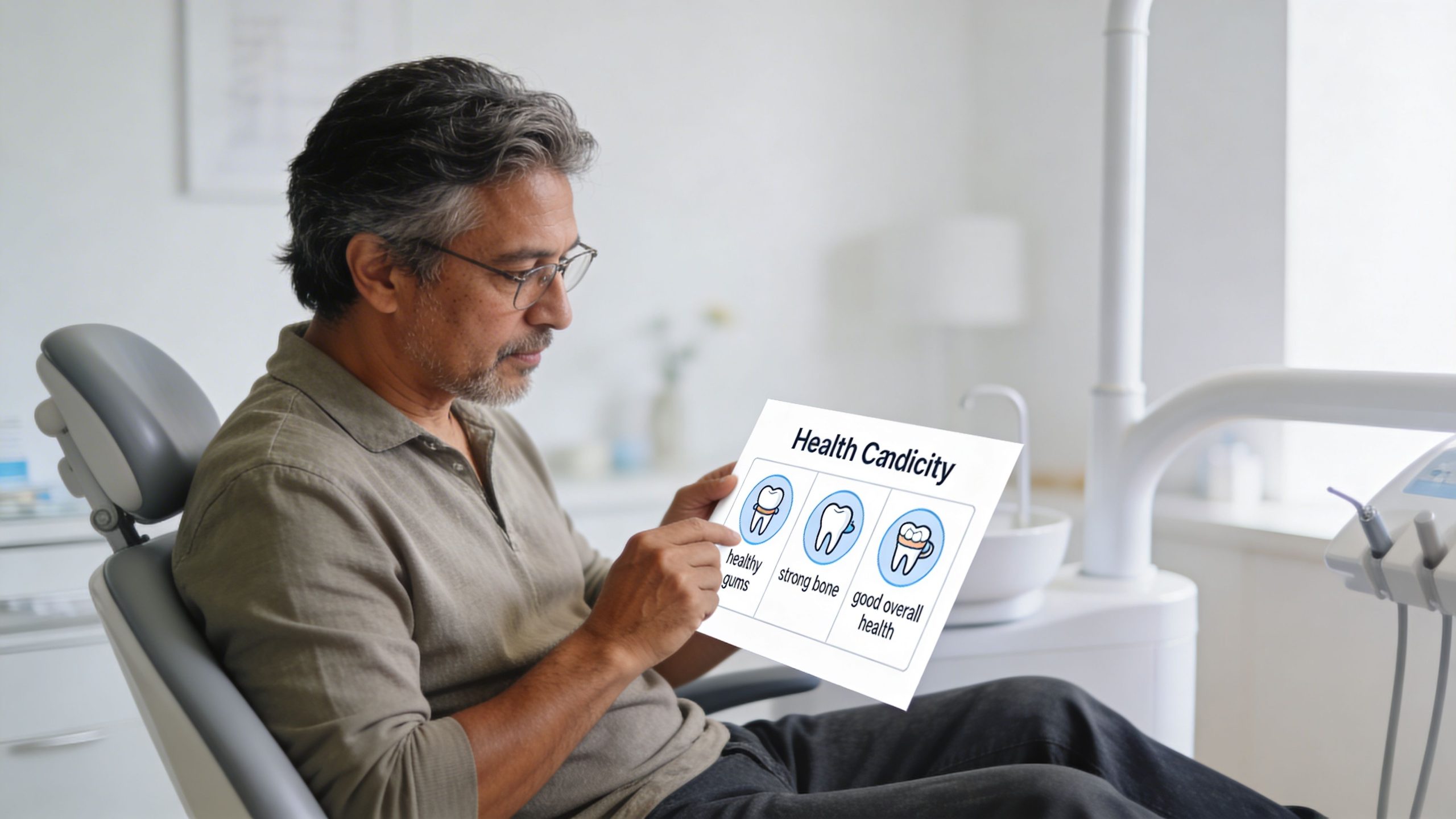 A middle-aged man sitting in a dental chair, reviewing a chart about oral health and implants.