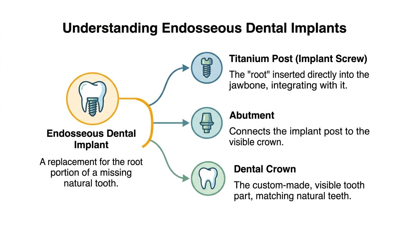 An infographic showing the three main components of an endosseous dental implant: the titanium post, abutment, and crown.