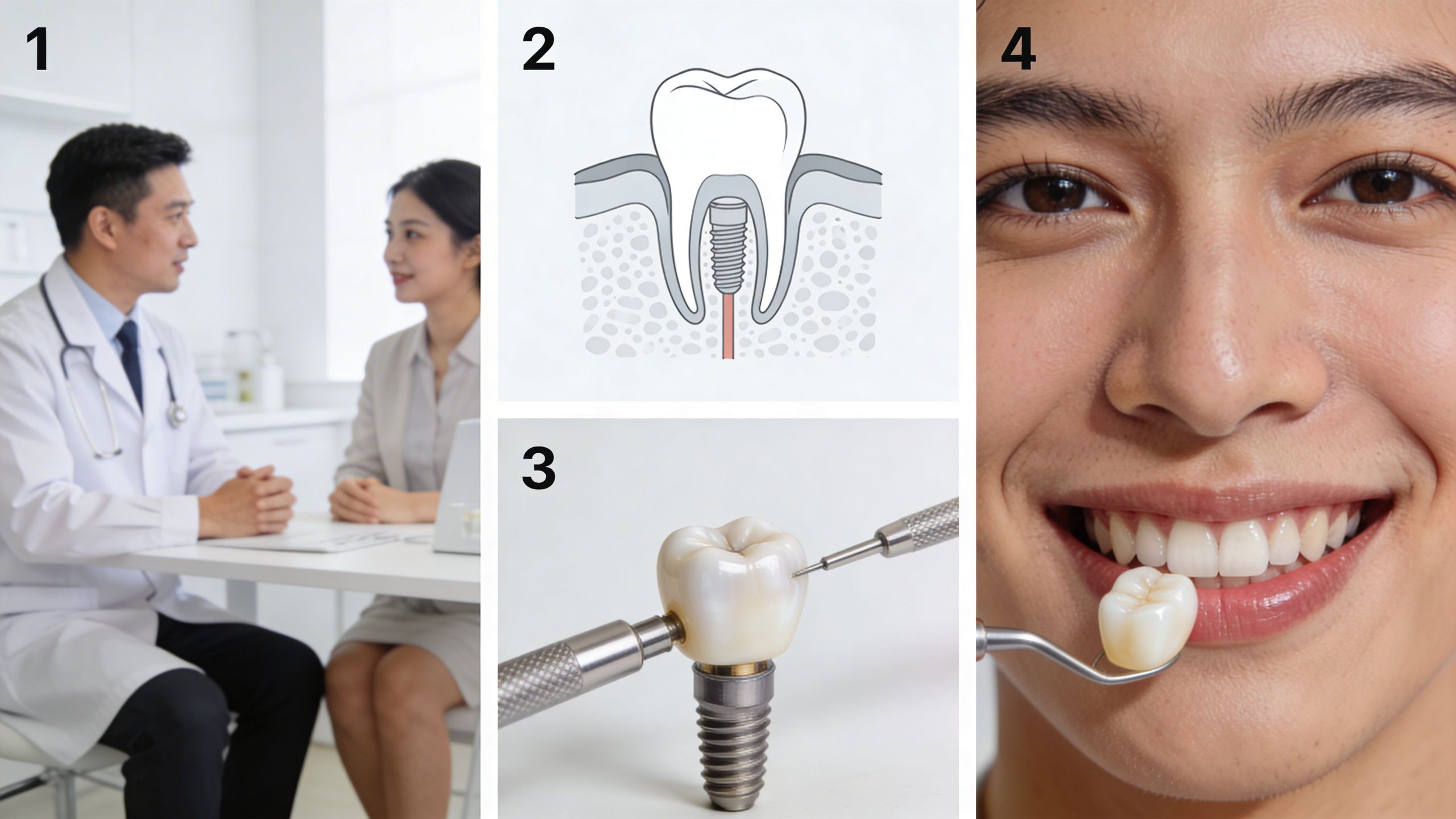 A composite image demonstrating the process and components of an endosseous dental implant procedure.