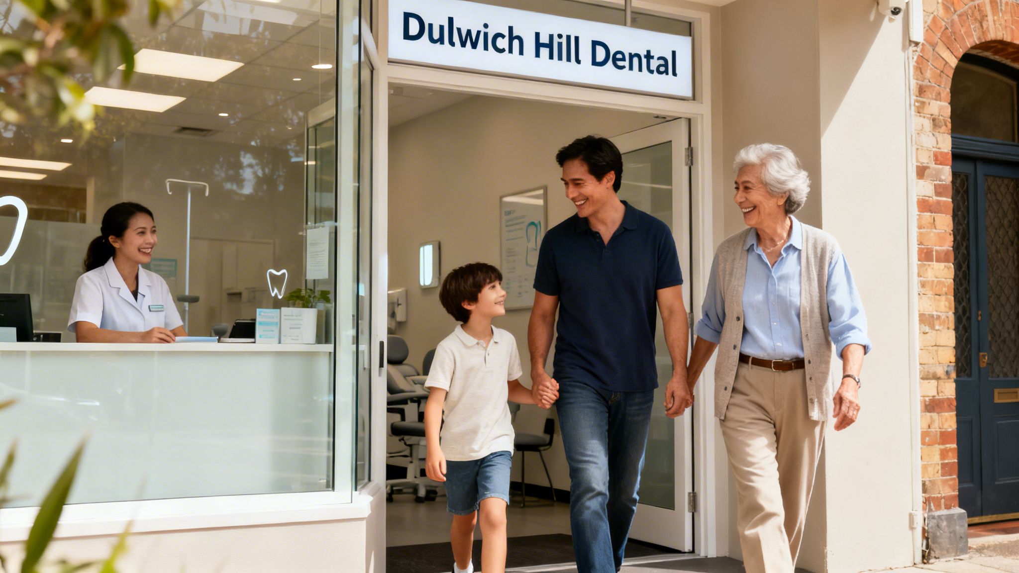 Smiling family, including a father, son, and grandmother, exiting Dulwich Hill Dental clinic holding hands.