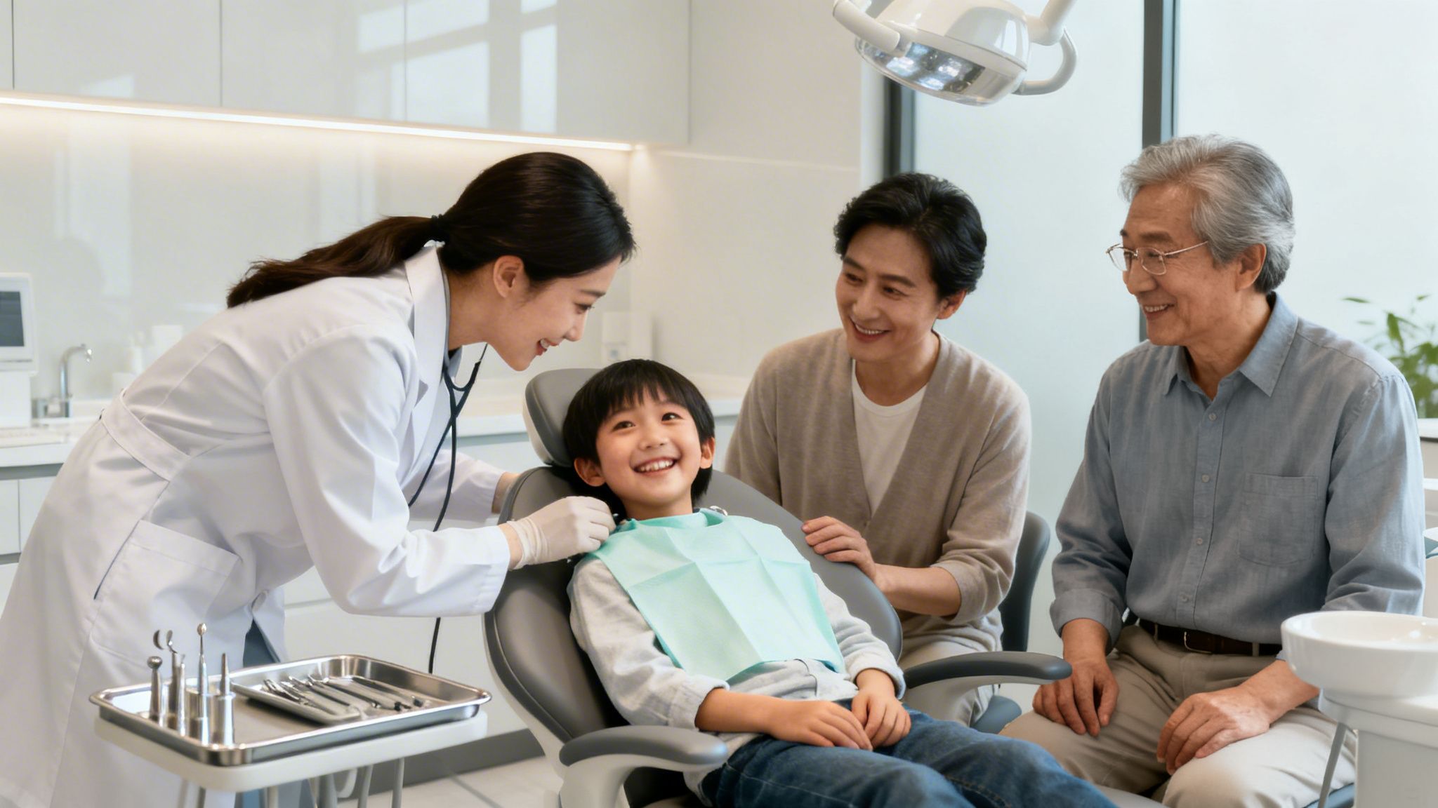 An Asian boy smiles in a dental chair, comforted by a kind dentist and two smiling male family members.