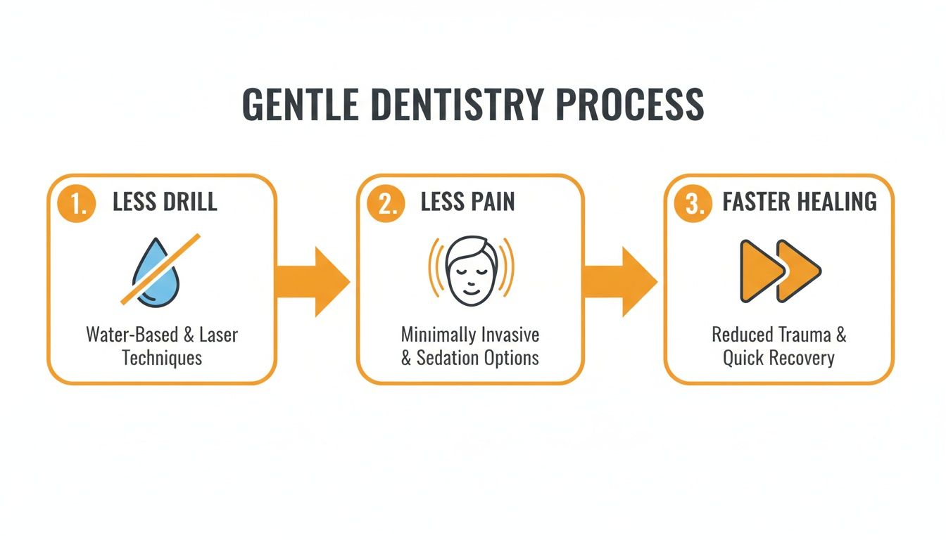 A visual infographic explaining the gentle dentistry process, focusing on less drill, less pain, and faster healing.