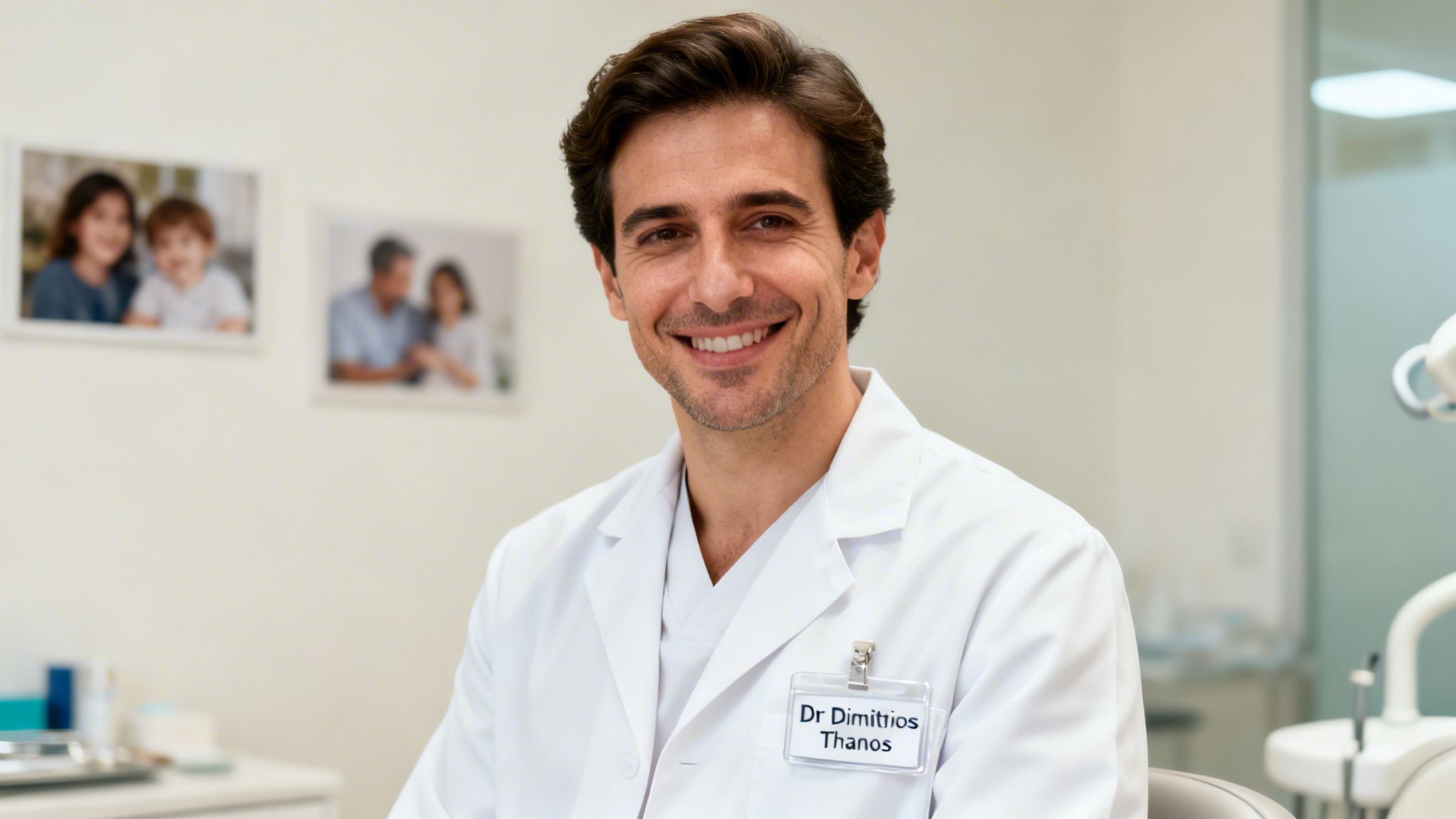 A friendly male dentist named Dr. Dimitios Thanos smiling in his office.