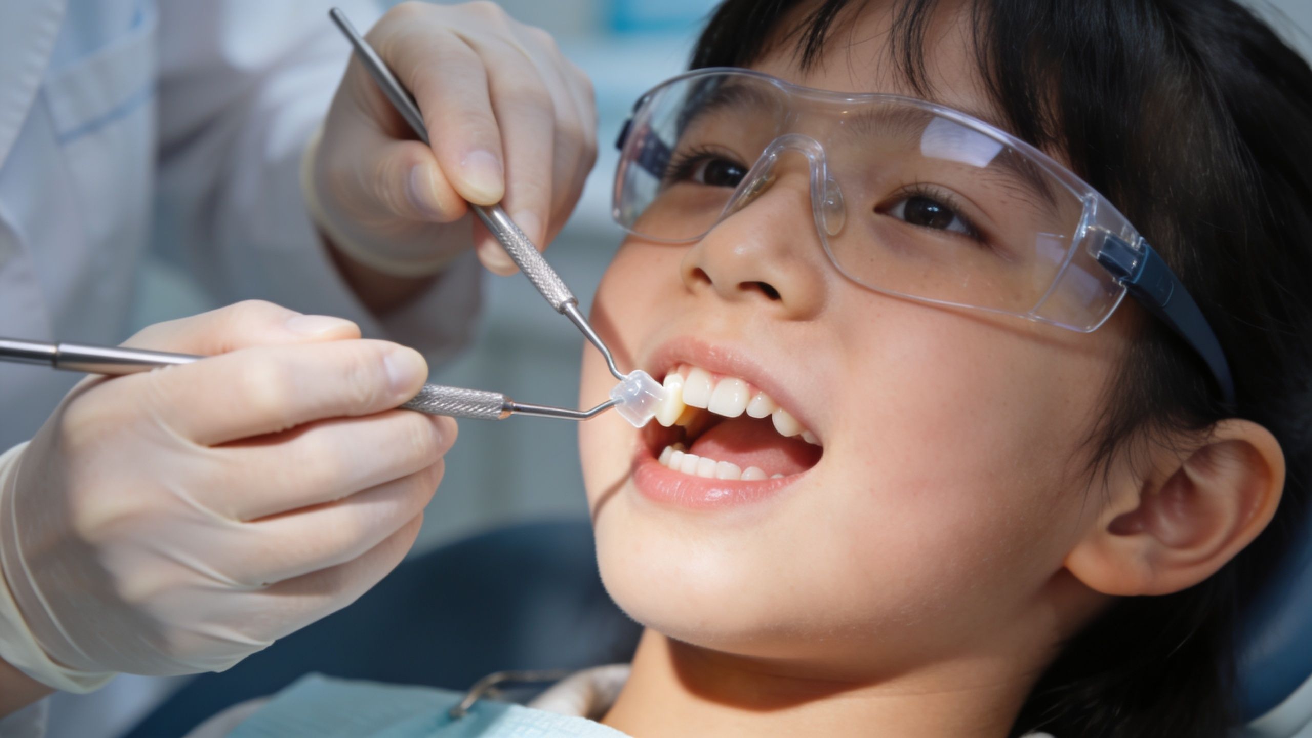 A young girl wearing protective goggles receiving a professional dental fissure sealant treatment from a dentist.