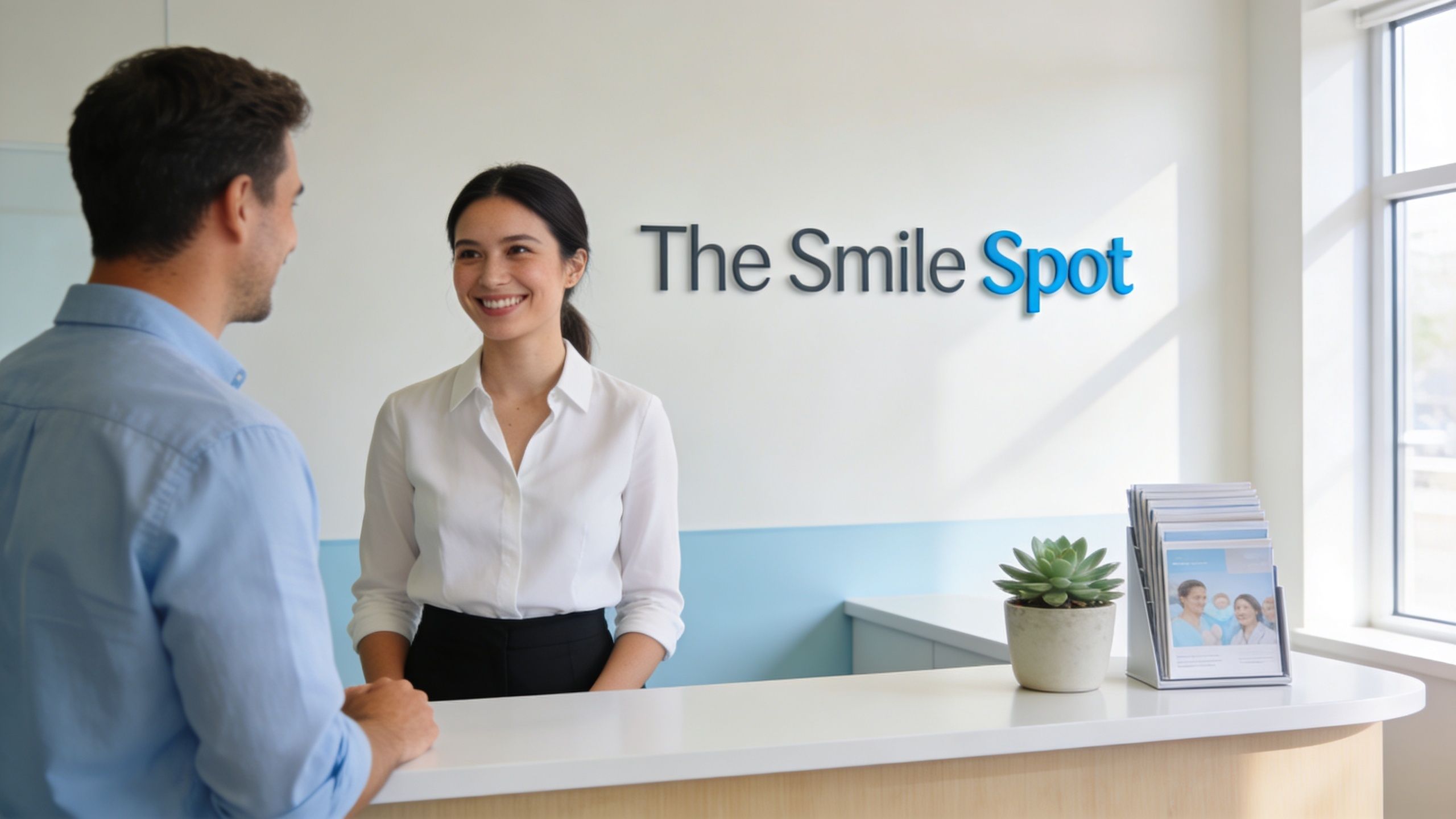 A friendly receptionist greeting a male patient at the reception desk of a modern dental office.