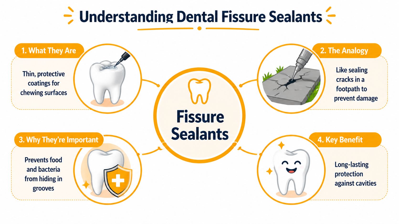 An infographic explaining dental fissure sealants as protective coatings that prevent cavities in tooth grooves.