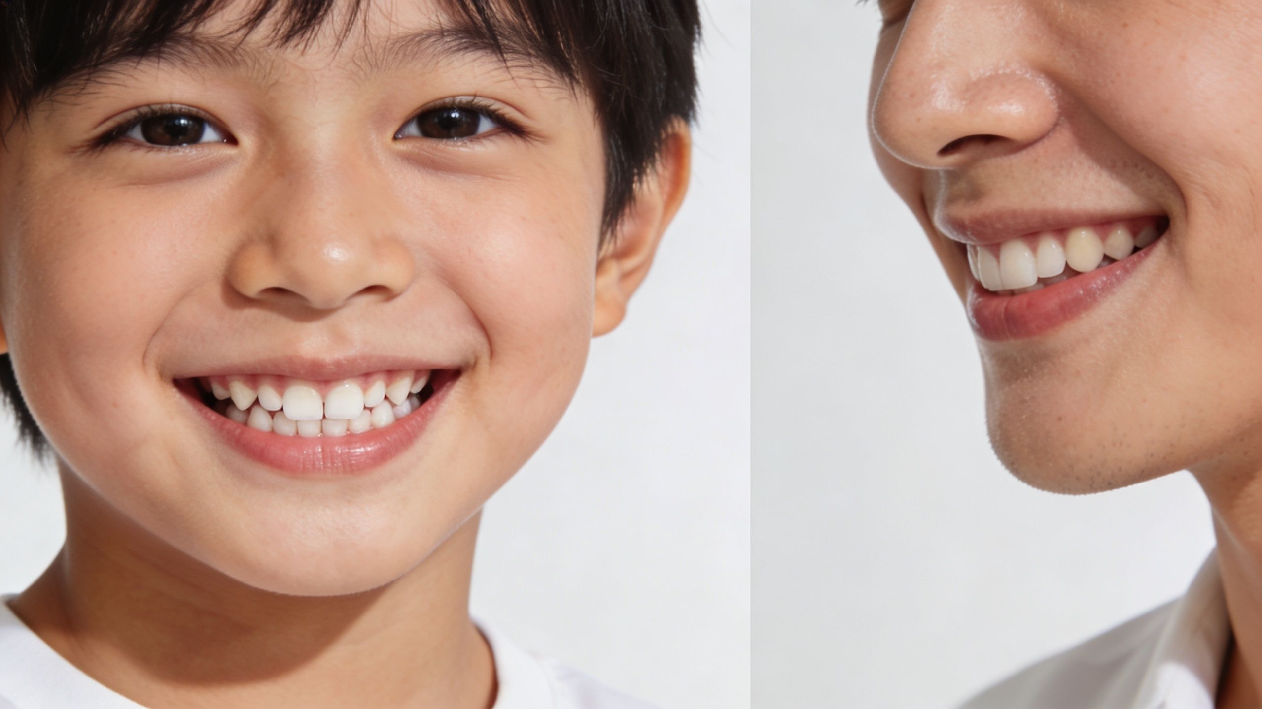 A split view comparing the healthy teeth of a young child and the smile of an adult.