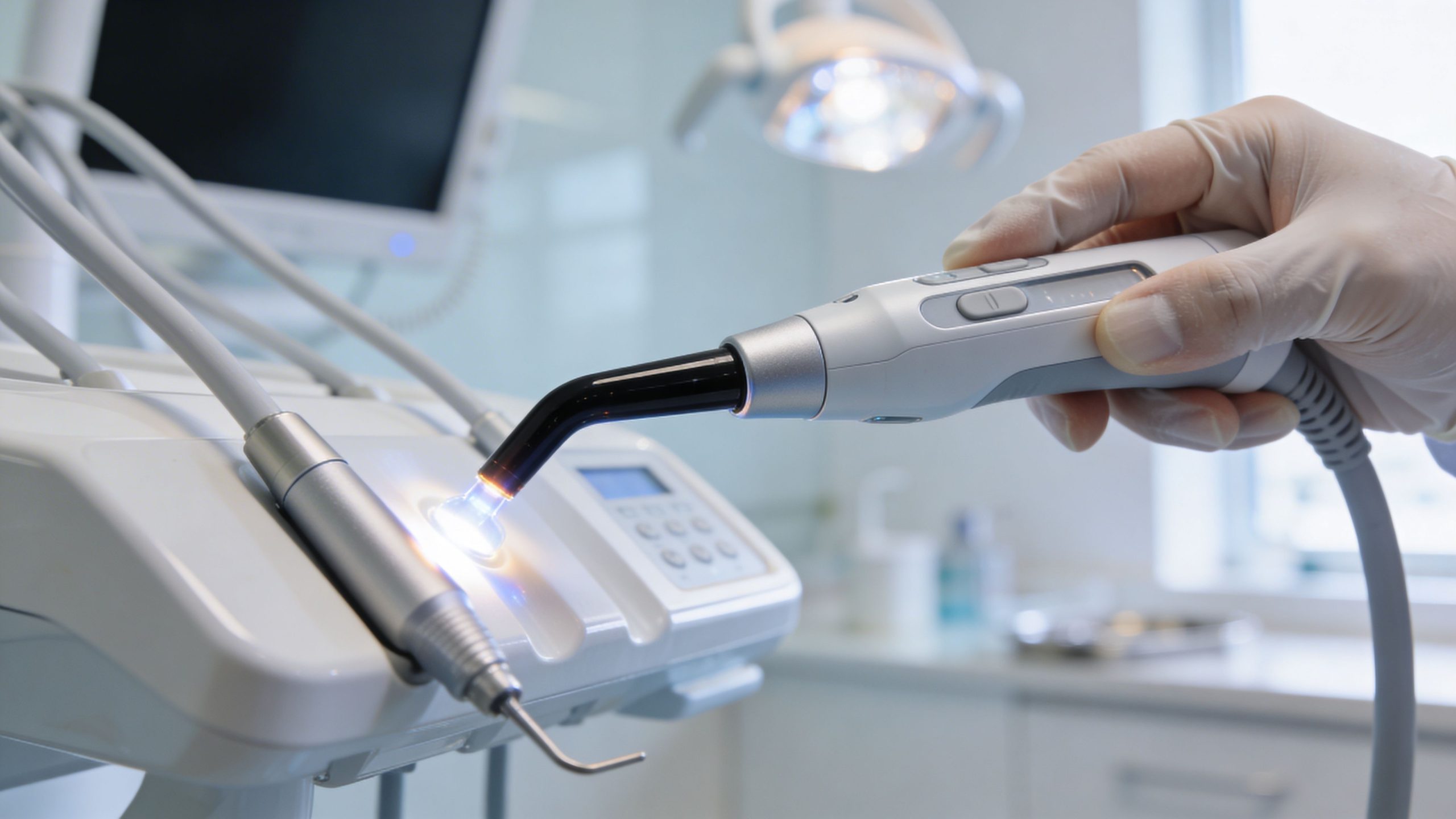 A gloved hand holds a dental curing light tool next to a dental unit in an office