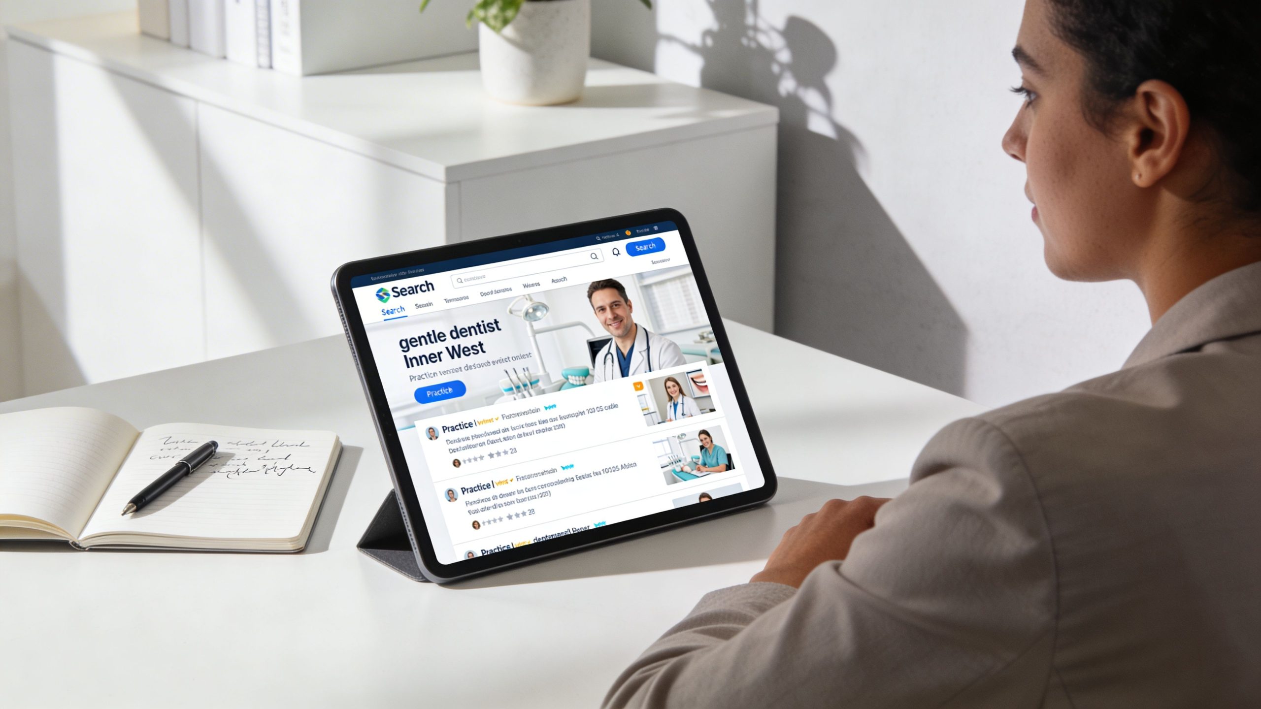 A professional woman uses a tablet to search for local gentle dentist services on a website.