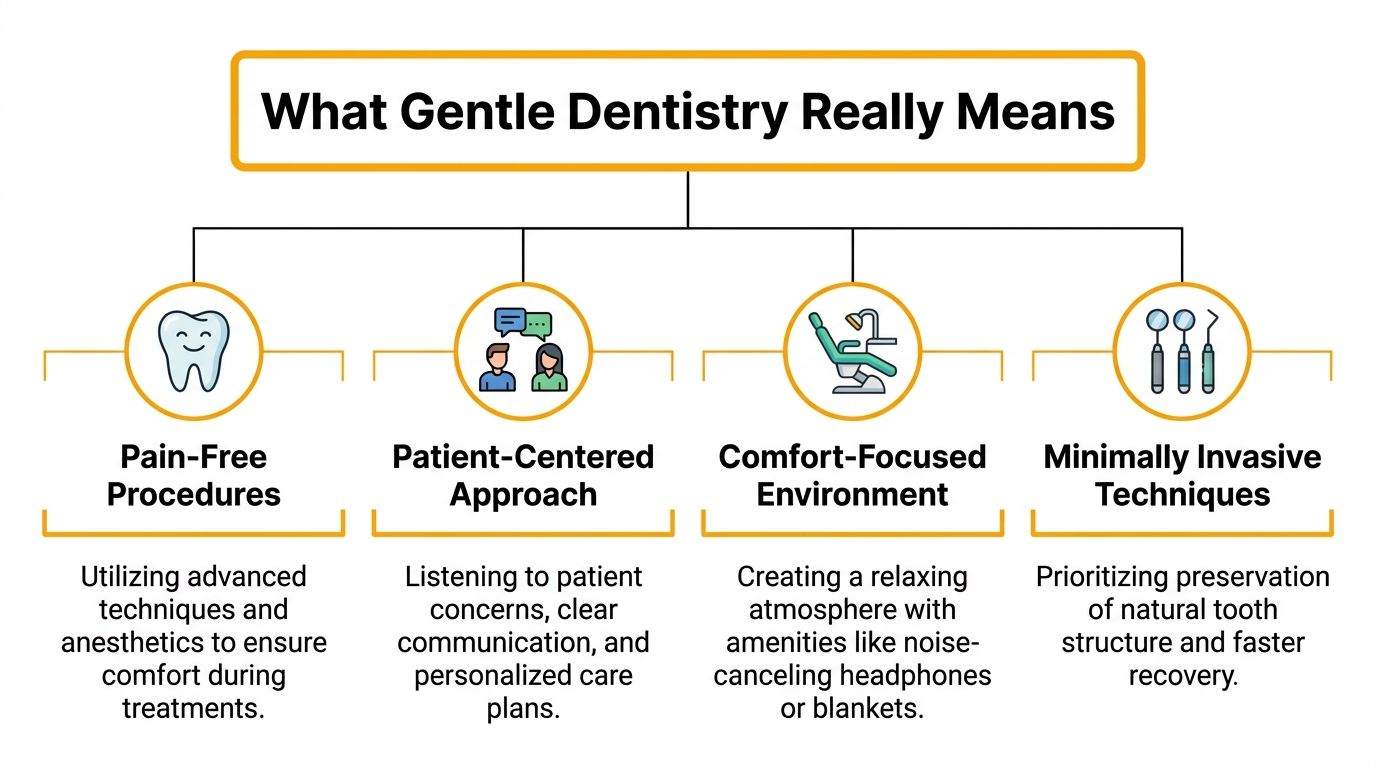 An infographic explaining the four core components of gentle dentistry for patient comfort and dental health.