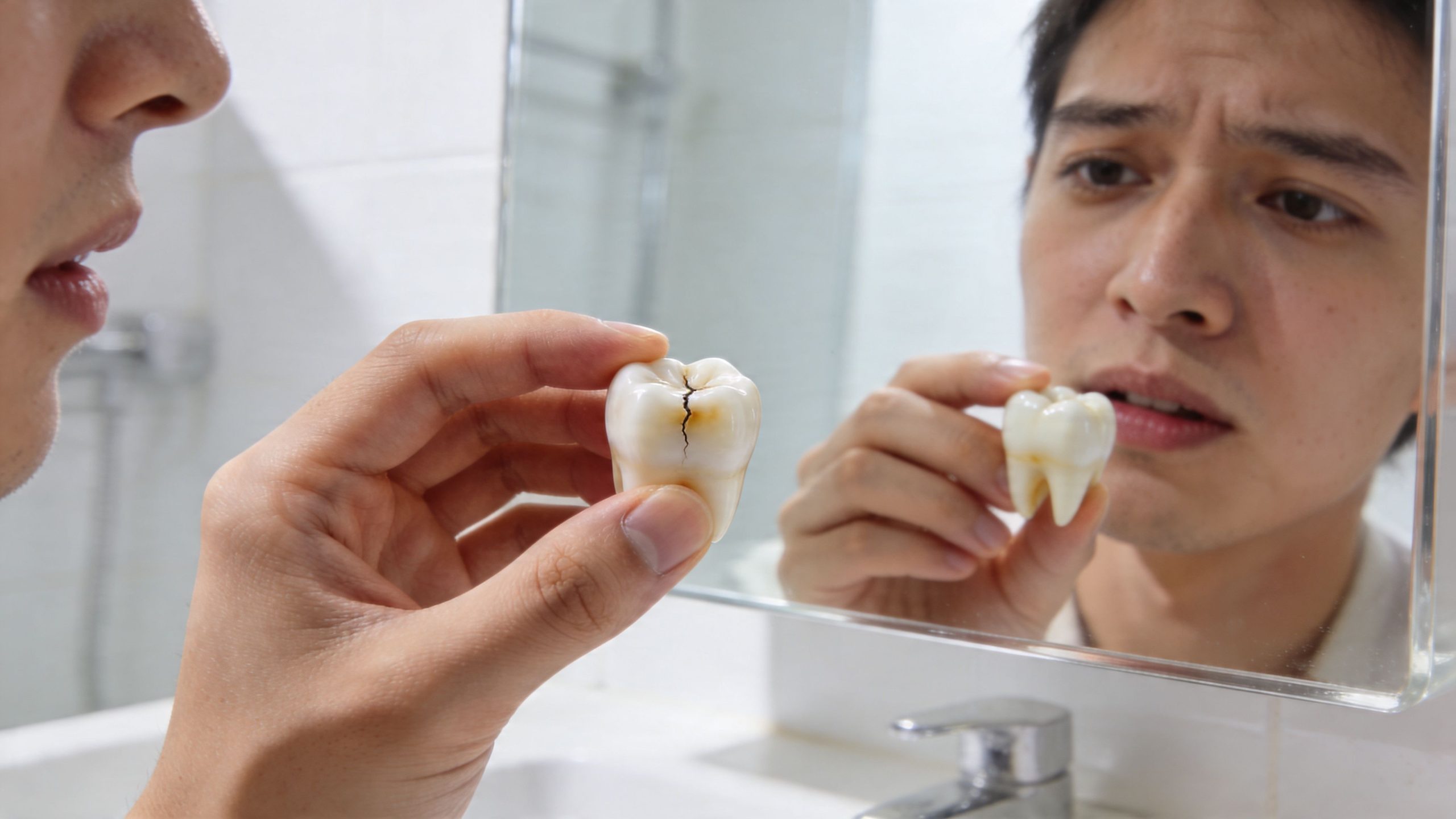 A concerned young man holding a broken, cracked tooth in front of a bathroom mirror.